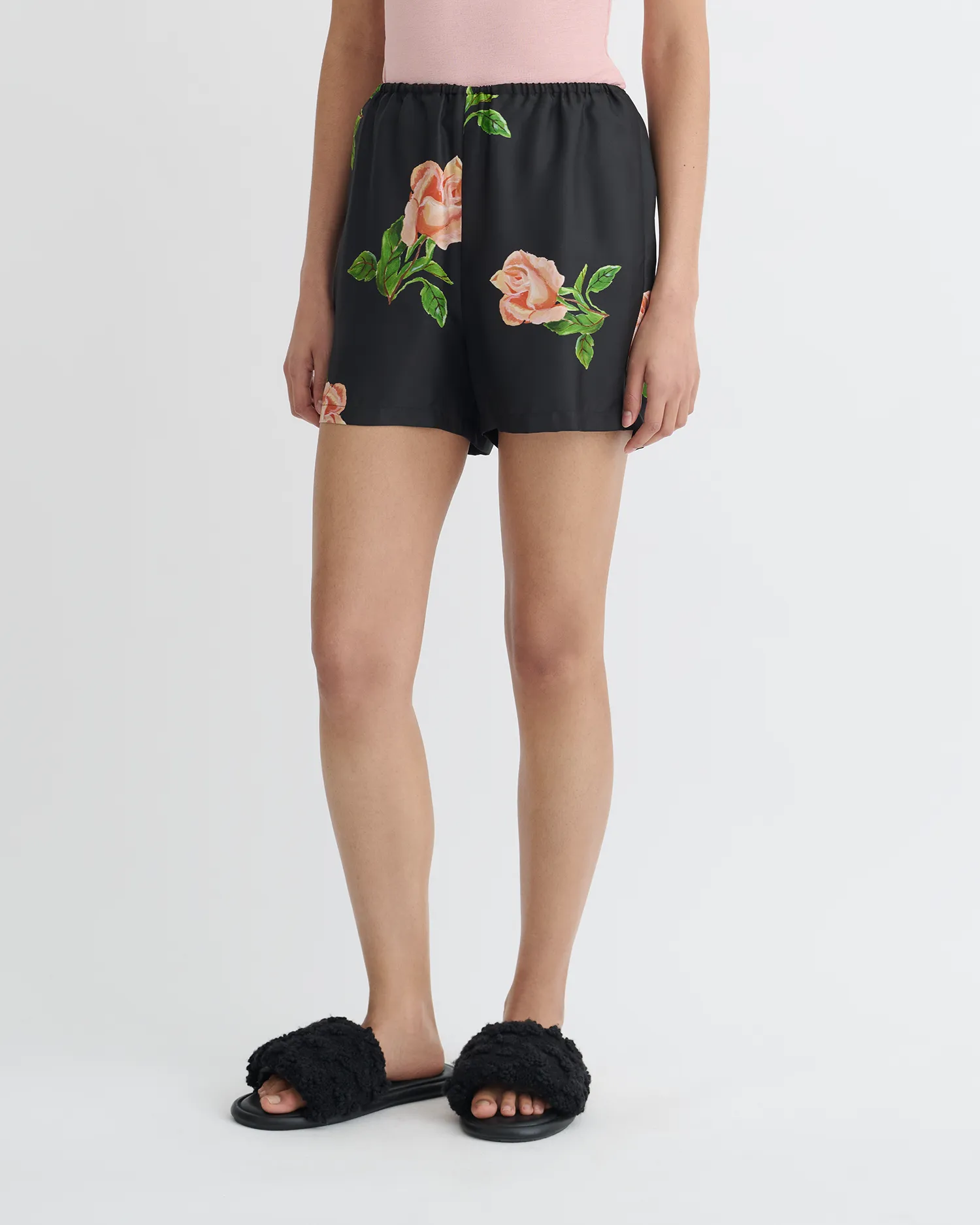 Dylla - Printed Tailored Silk Twill Shorts - Off Black/Roses Everyday Layer Windproof coating