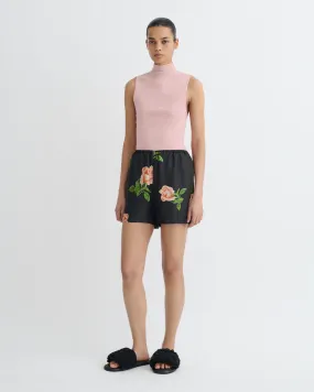 Dylla - Printed Tailored Silk Twill Shorts - Off Black/Roses AdjustableWaistband Comfort Style