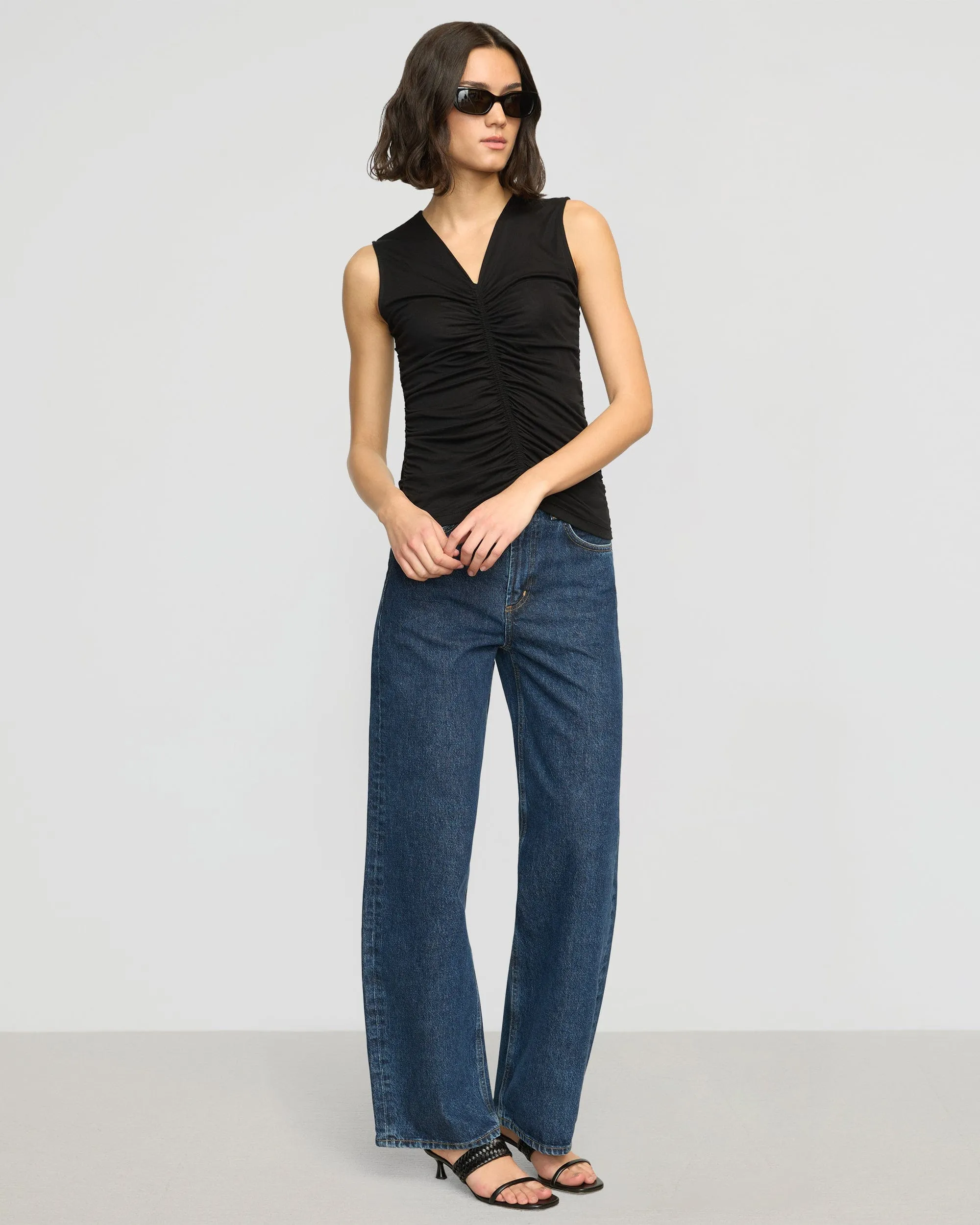 Saleha Ruched-Front Sleeveless Tank Reinforced Buttonholes LongWearingComfort