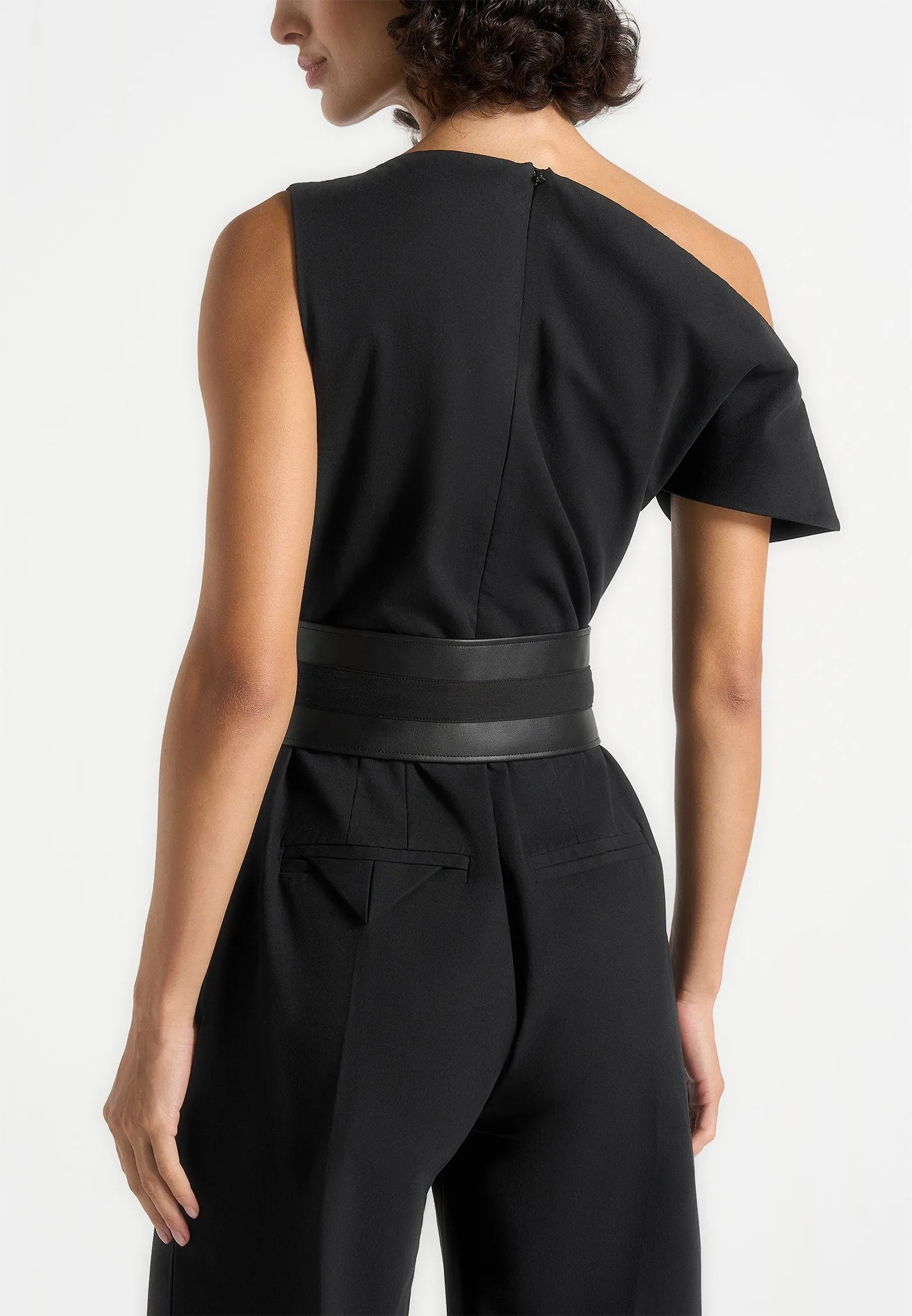 Valerie - Tailored Off Shoulder Jumpsuit With Belt - Black Ultraviolet Protection Finish LayeredCollar