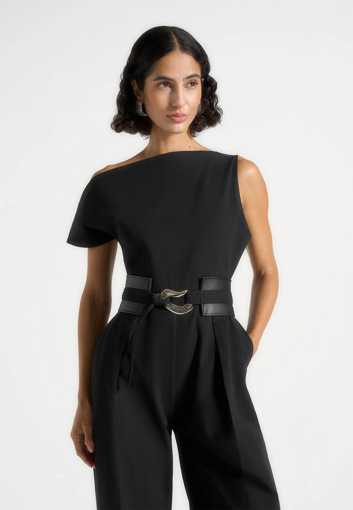 EasyCareMaterial Valerie - Tailored Off Shoulder Jumpsuit With Belt - Black