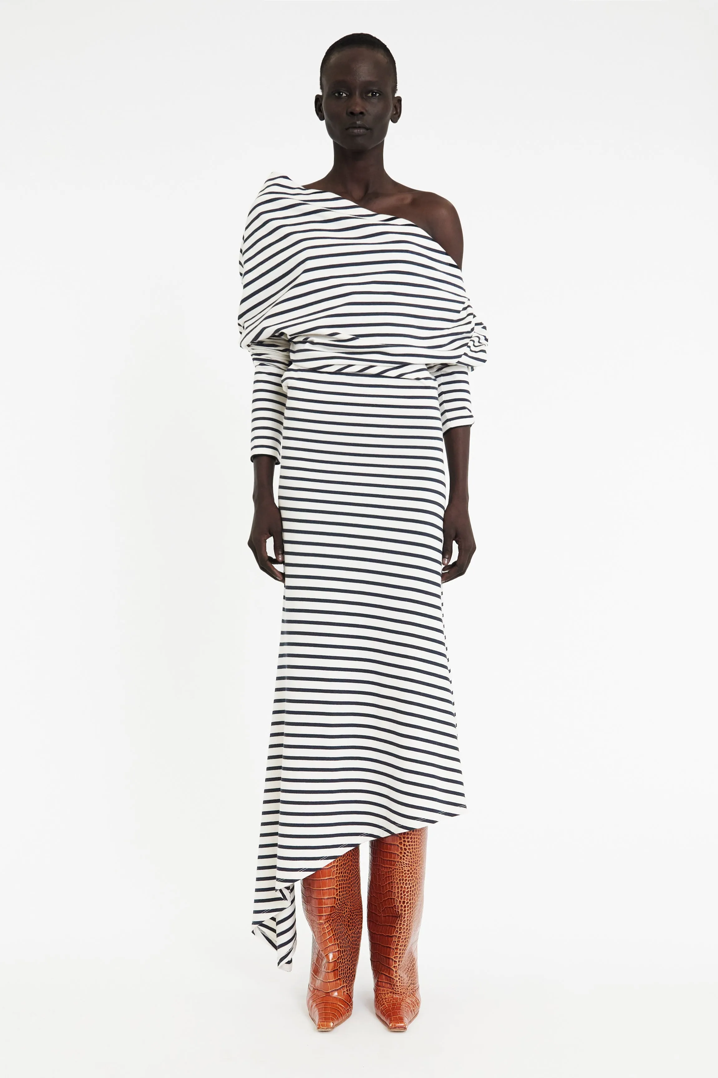 Off Shoulder Asymmetric Dress White Navy Stripe Romantic date dress Easy-Storage