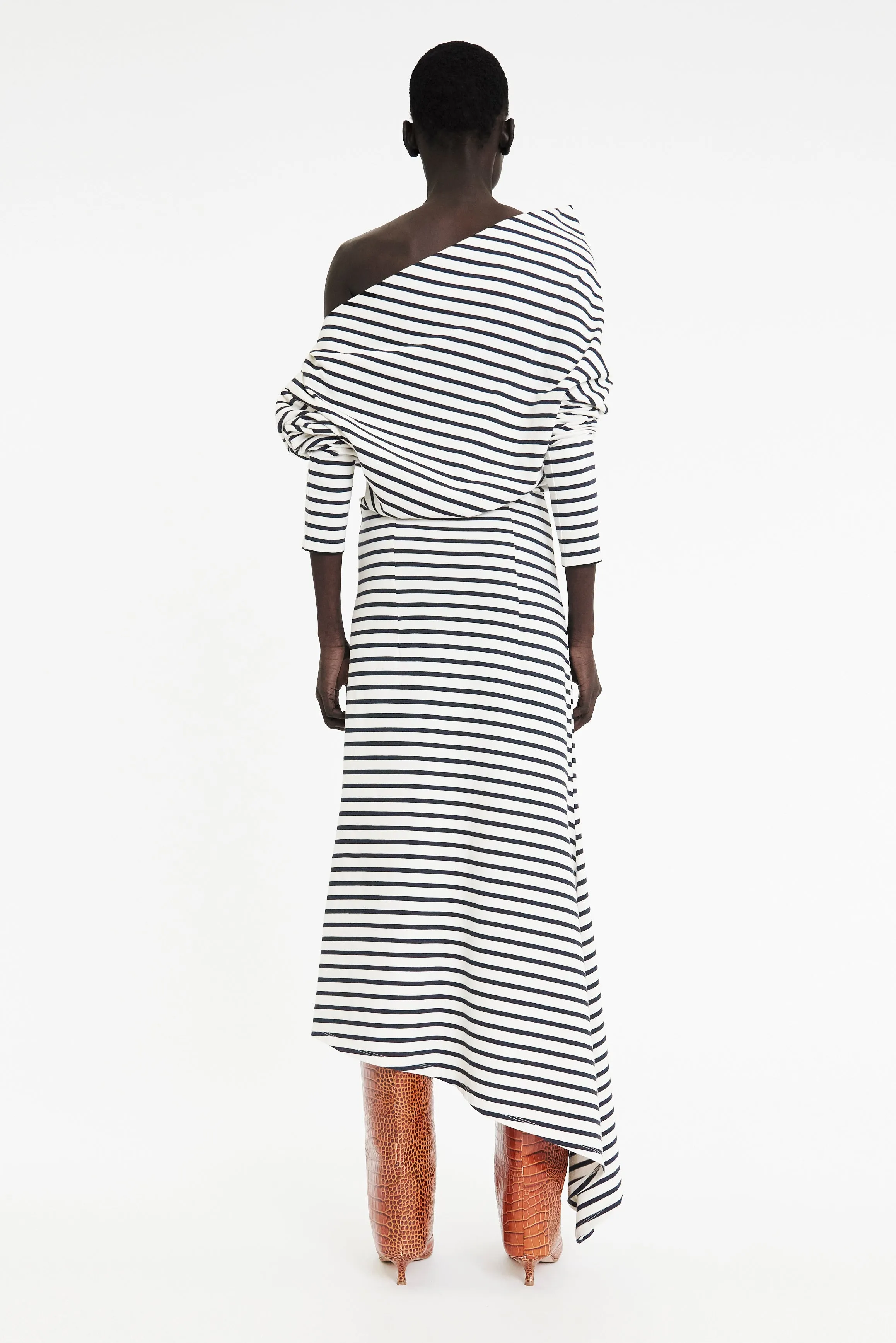 Easy Match Off Shoulder Asymmetric Dress White Navy Stripe