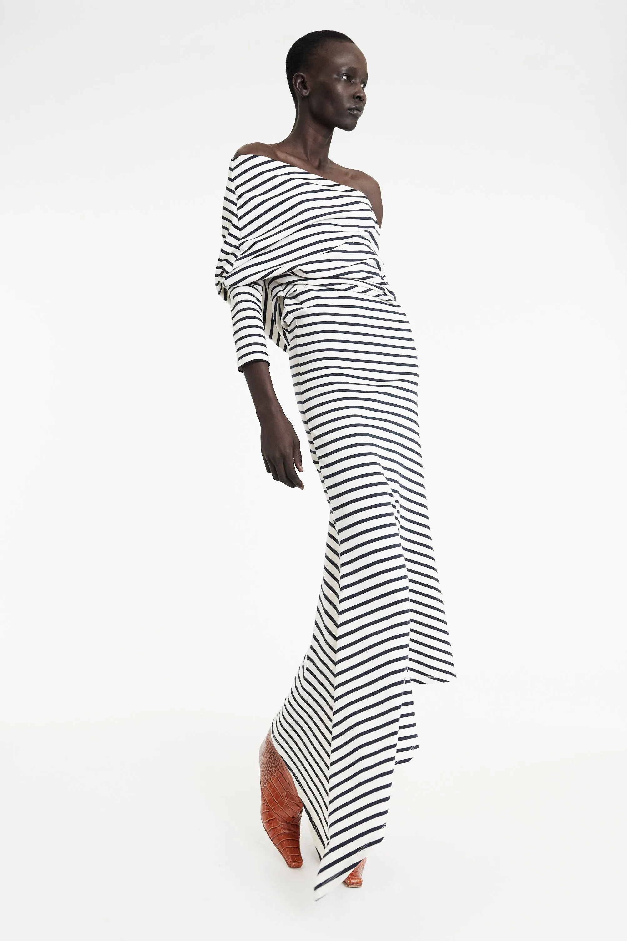 Relaxed Finish Off Shoulder Asymmetric Dress White Navy Stripe