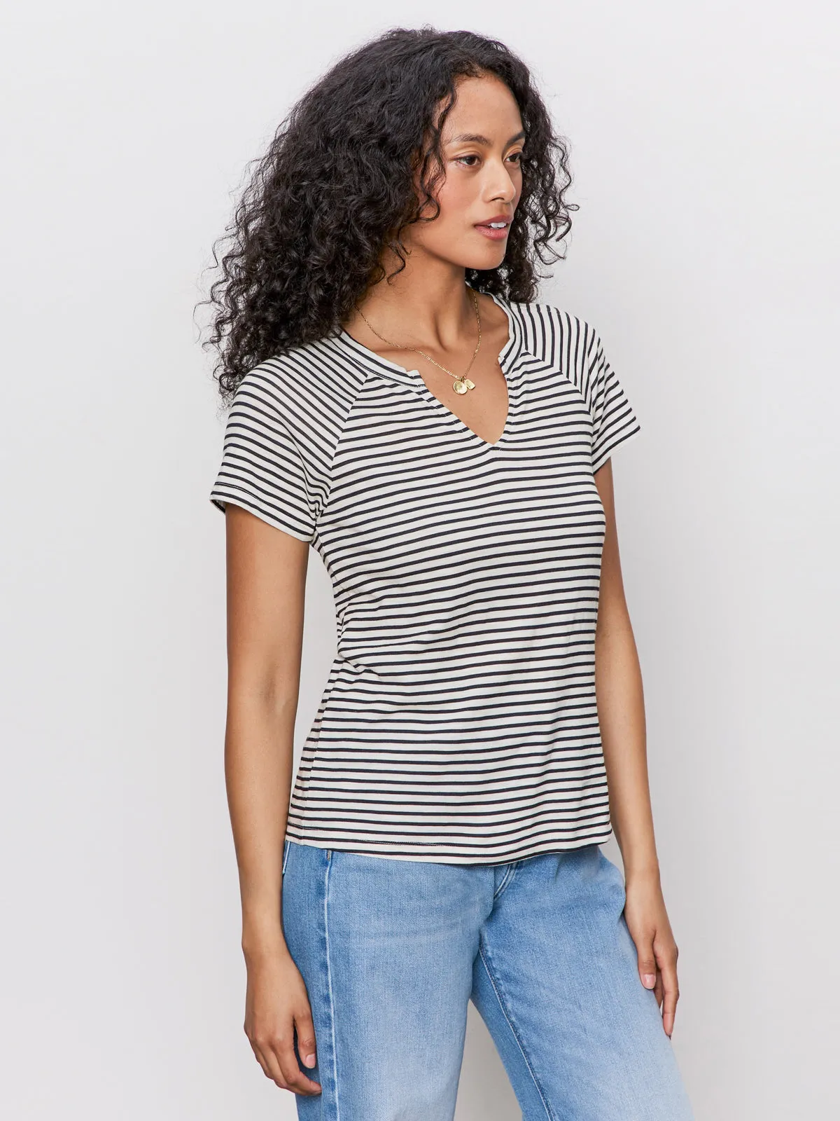 Notch Neck Tee Light Oat/Black Stripe Stylish Casual Skin Friendly Blends