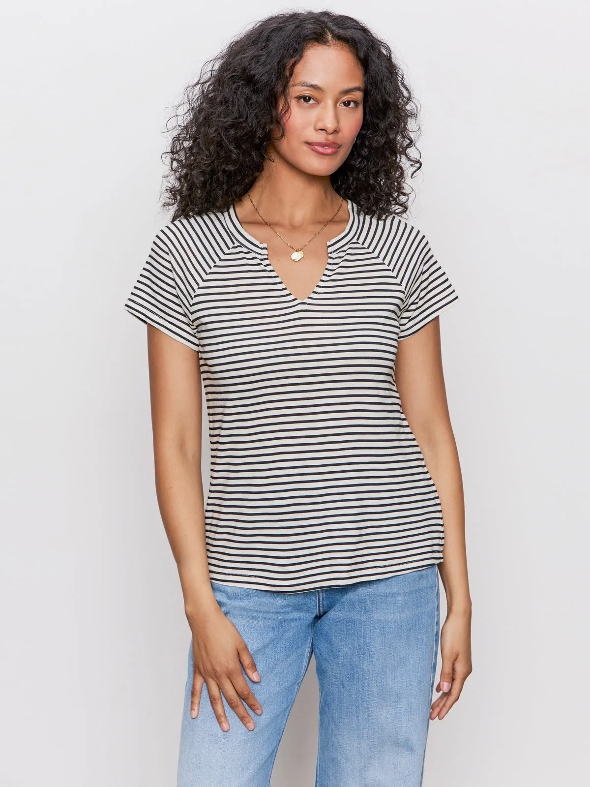 SecurePockets PortableOption Notch Neck Tee Light Oat/Black Stripe