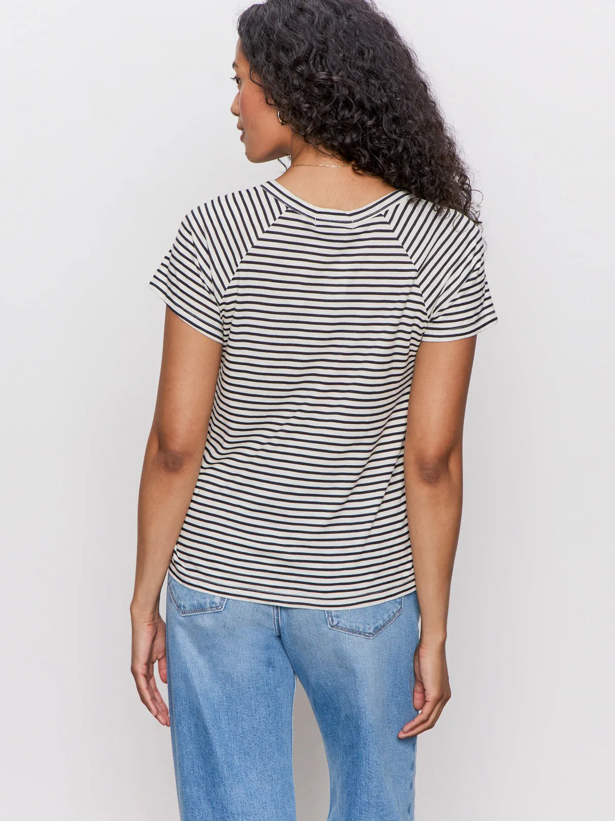 Stretchable Blend Notch Neck Tee Light Oat/Black Stripe