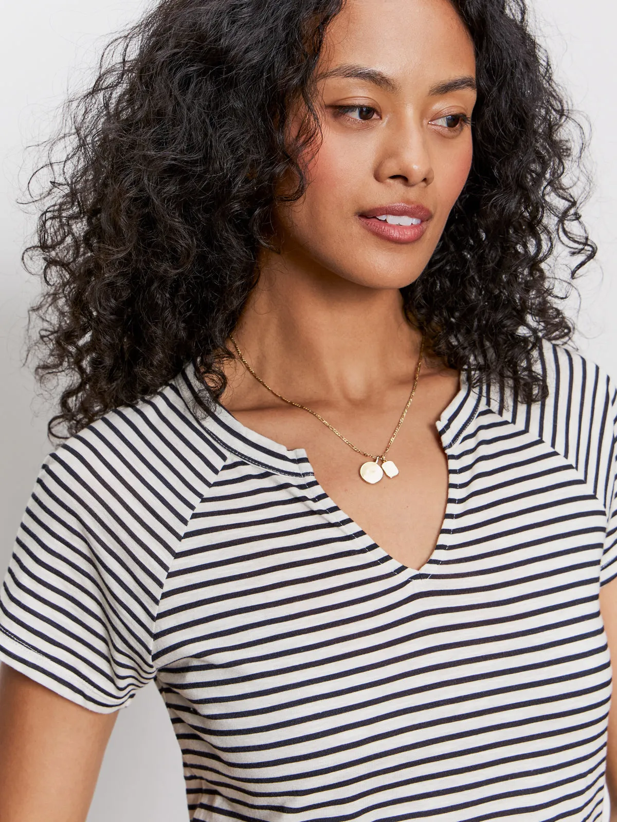 Versatile Comfort Style Notch Neck Tee Light Oat/Black Stripe