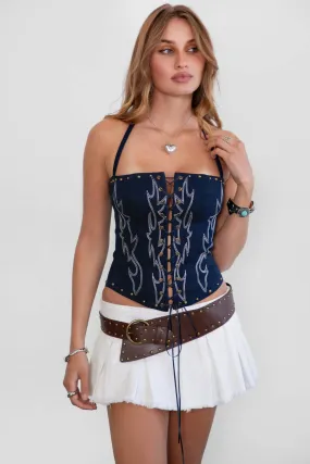 Raelynn Western Corset Top- Dark Denim Garment Dyed Finish SoftTouchBrushedInterior