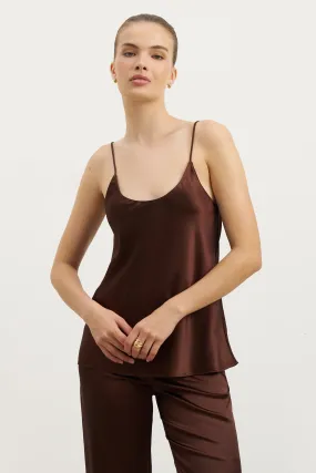 WrinkleFree Weaving Sustainable Textile Satin Scoop Neck Camisole - Carob