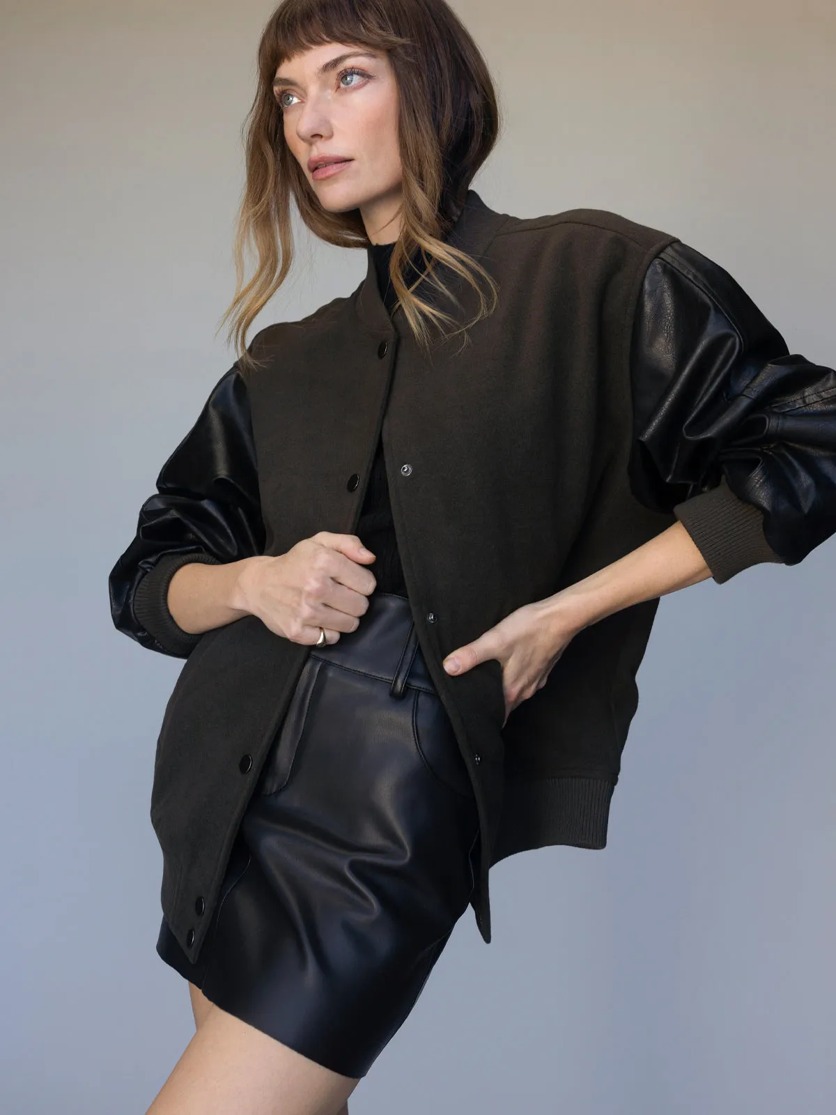 Odor Control Fabric Tailored Swim Club Varsity Jacket Midnight Olive