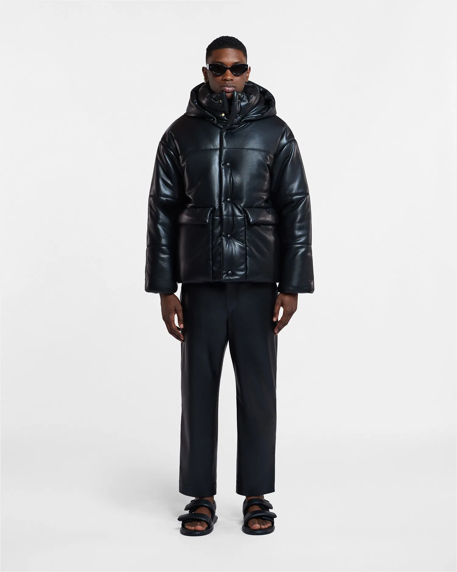 Hide Mens - Okobor? Alt-Leather Hooded Puffer - Black Tear Resistant Weave