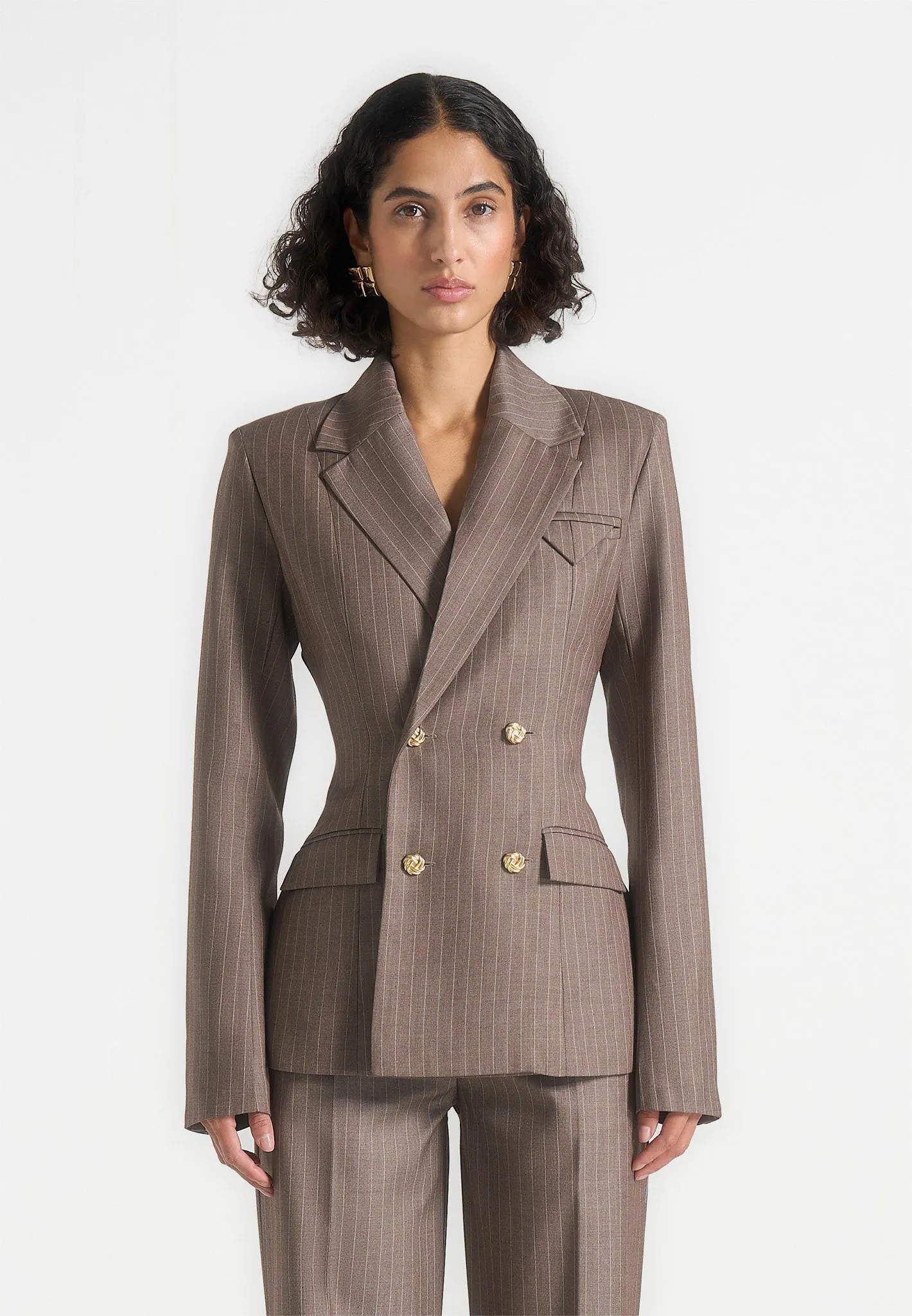 Maia - Pinstripe Double Breasted Blazer - Beige Sharp Cut
