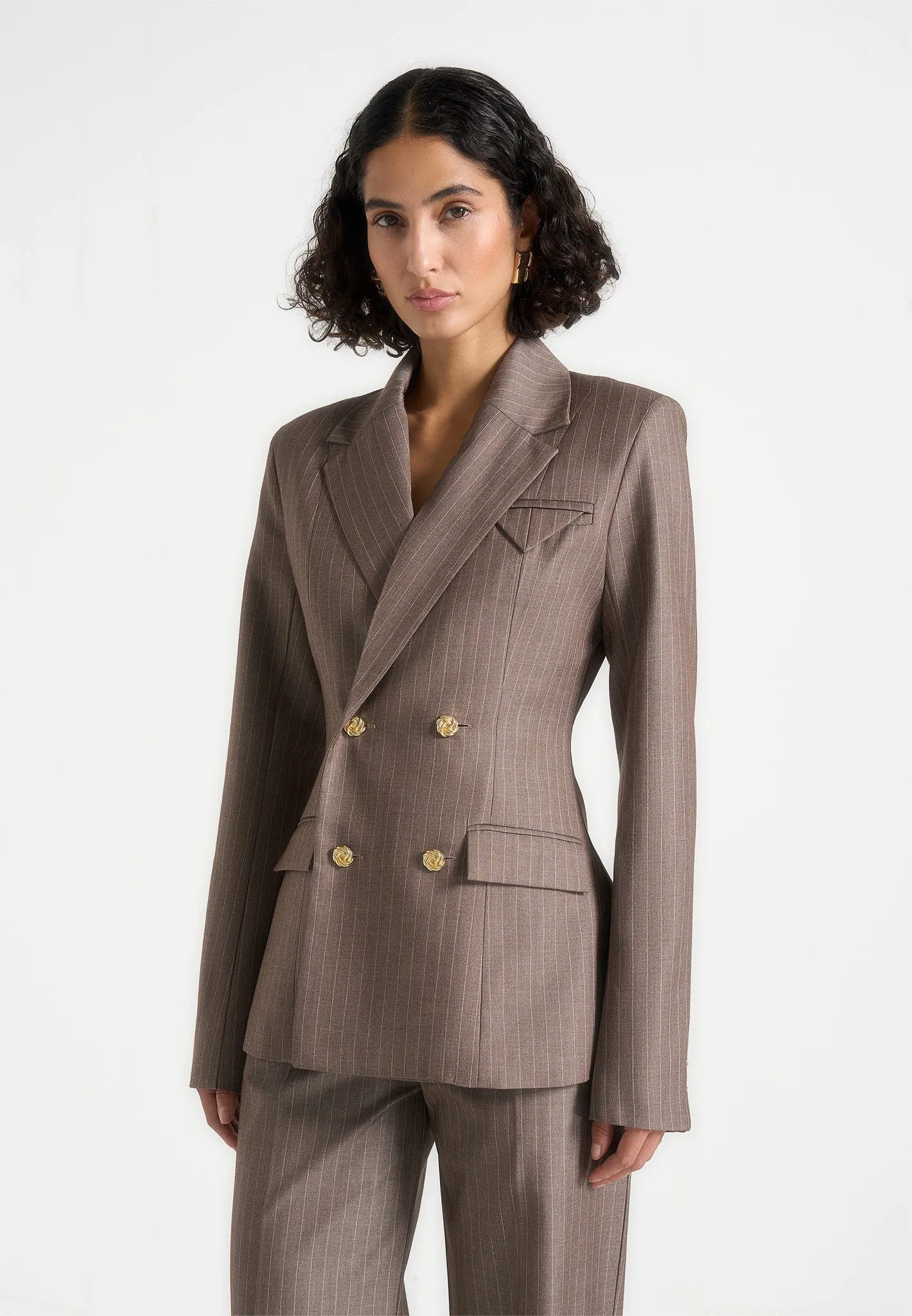 Comfort and Precision Maia - Pinstripe Double Breasted Blazer - Beige