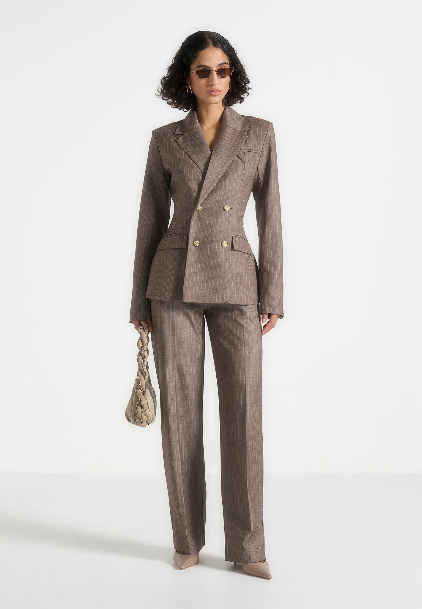 Elsy - Pinstripe Tailored Trousers - Beige Sharp and Stylish Dapper Layer