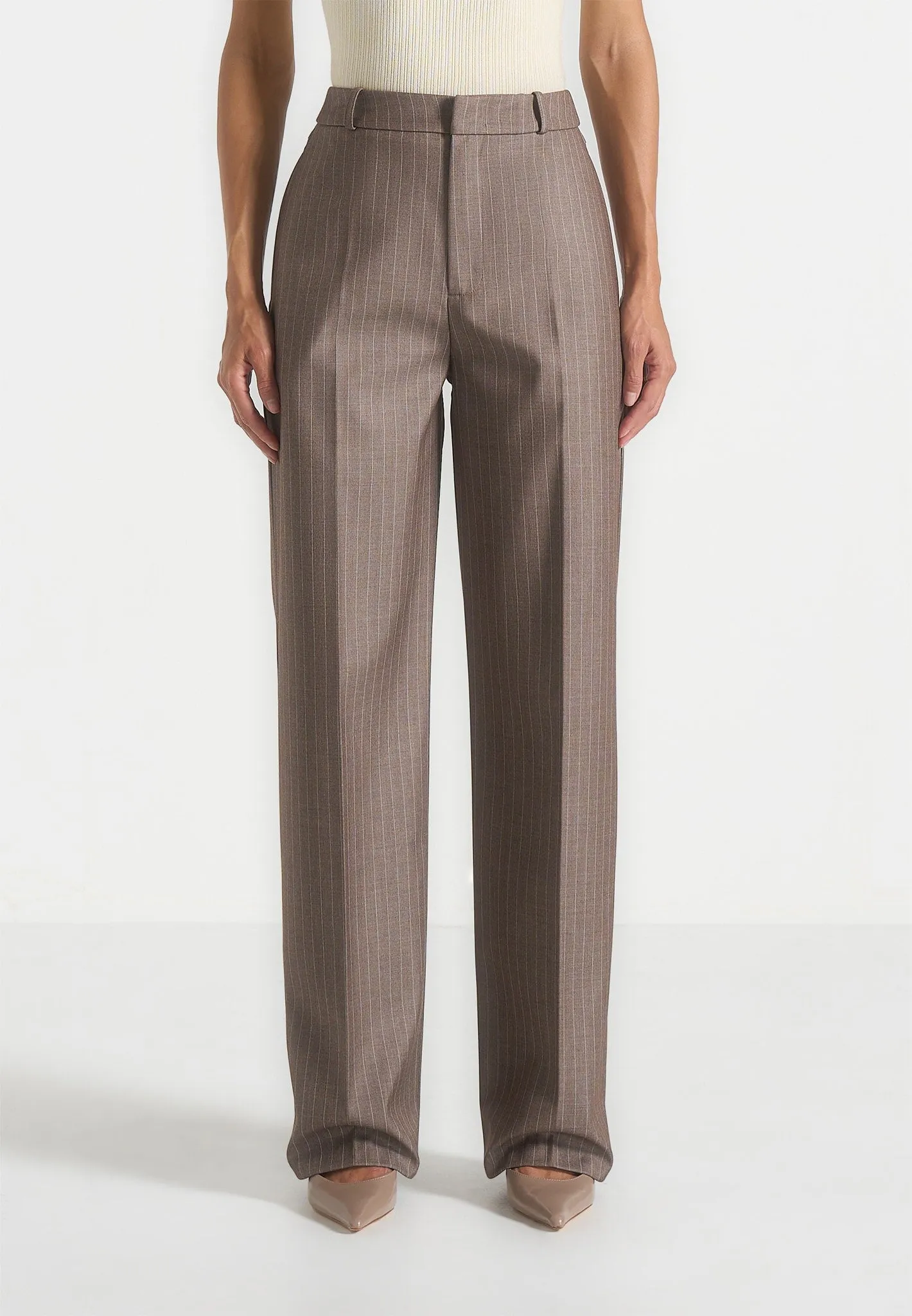Elsy - Pinstripe Tailored Trousers - Beige Business Layer