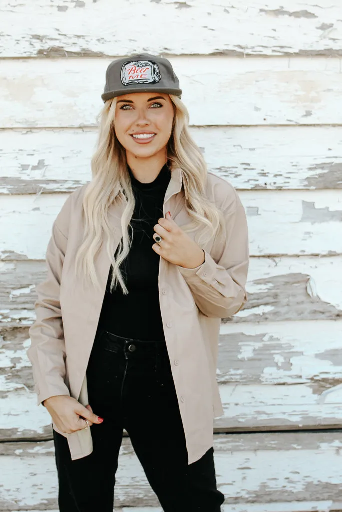 Fallon Faux Leather Shacket - Taupe BondedHemline Lightweight Knit