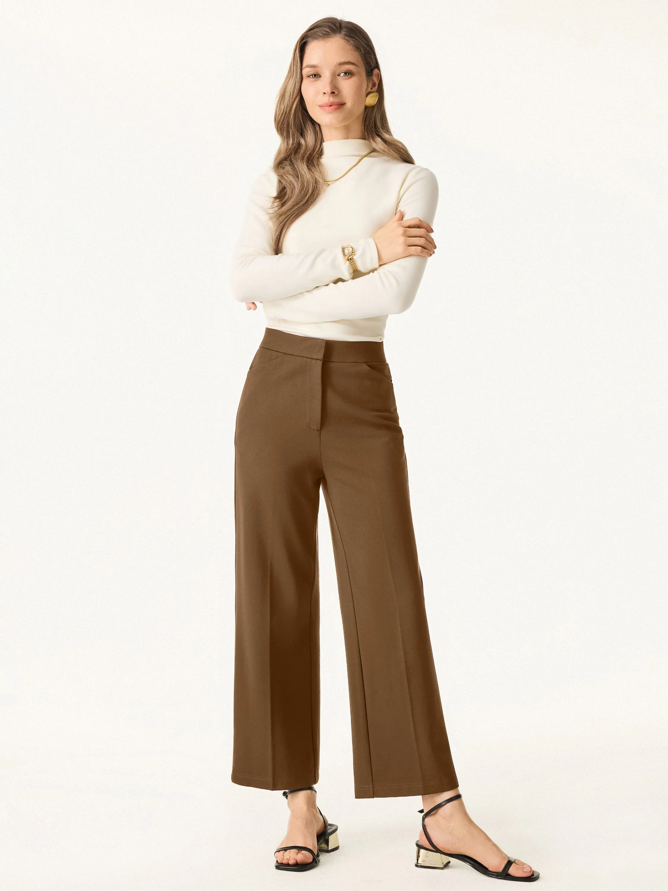 Ponte High Rise Straight Leg Cropped Fly-Front Trousers with Pockets Stretch Fit