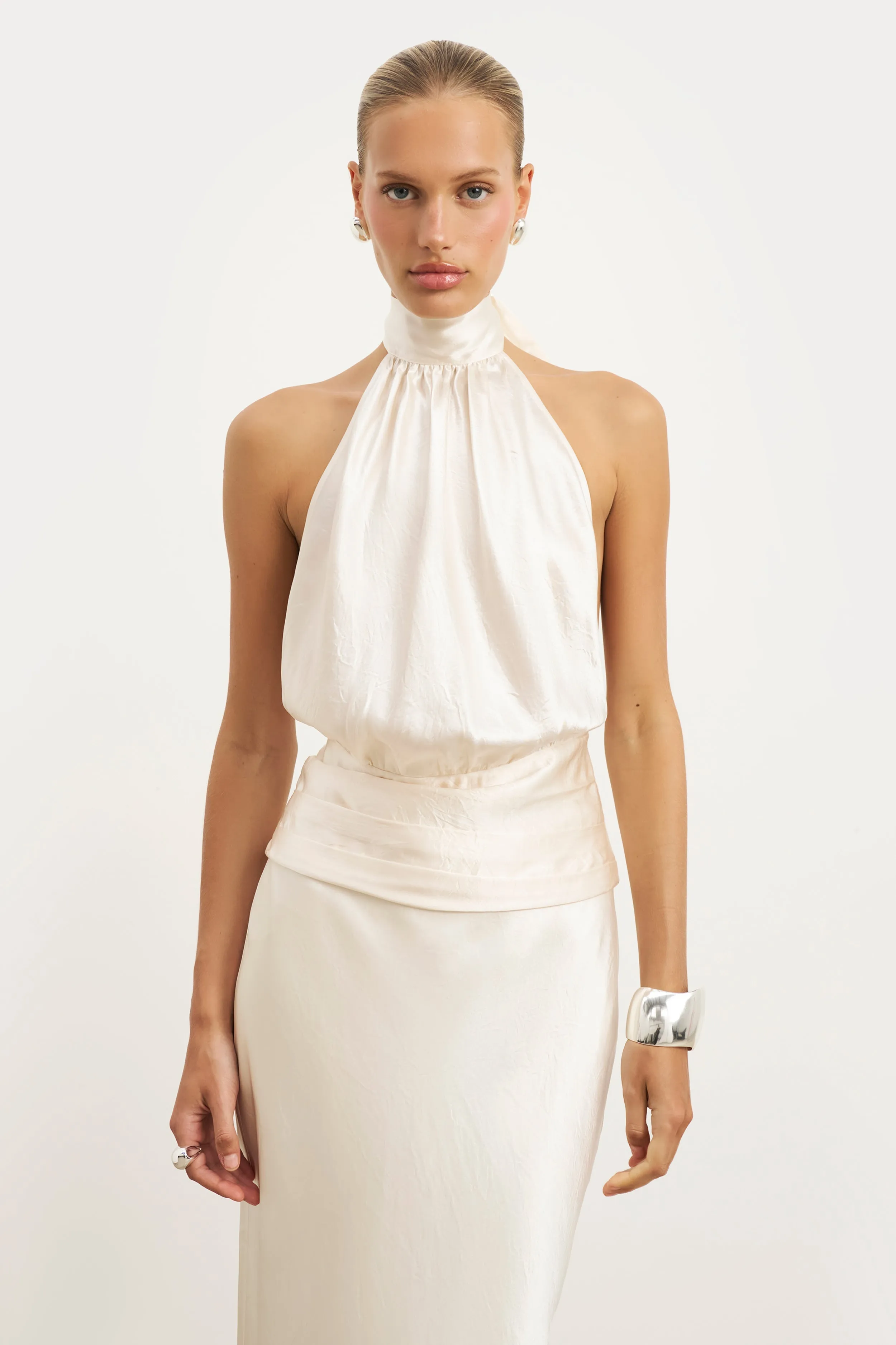 Crushed Satin Backless Halterneck Top - Champagne OdorControl Technology