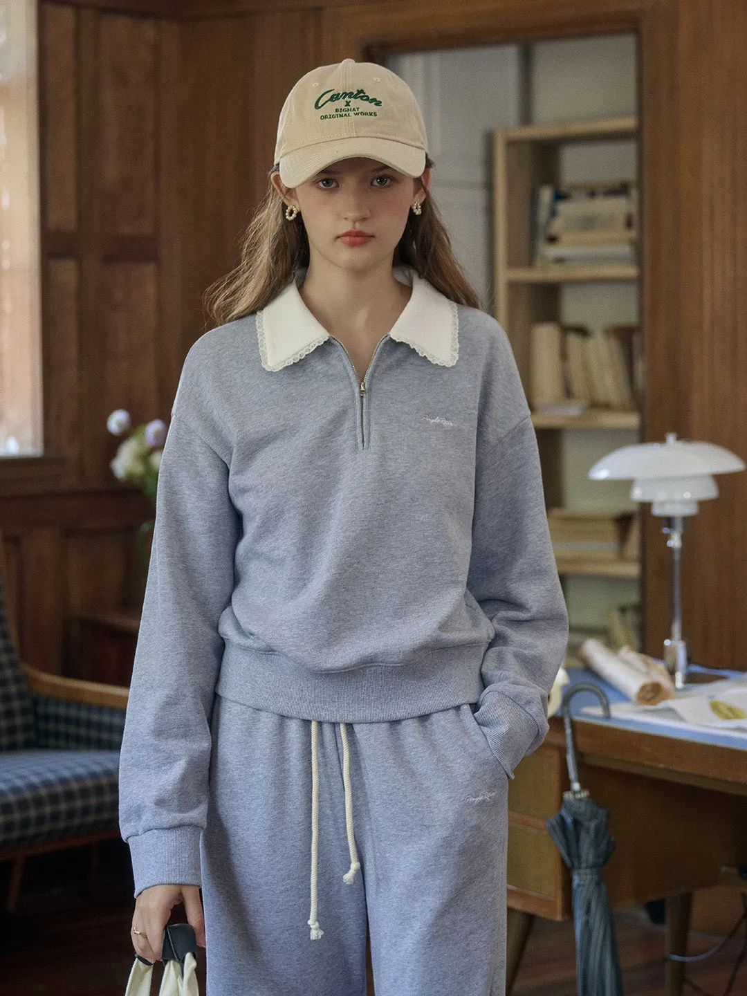 Non Irritating Label Amoura SR Logo Embroidered Contrast Color Lace Lapel Cotton Sweatshirt