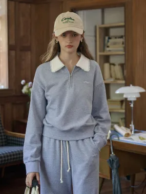 Lightweight Knit Contrast Topstitching Detail Amoura SR Logo Embroidered Contrast Color Lace Lapel Cotton Sweatshirt