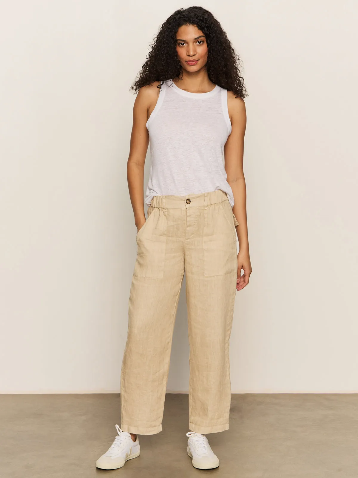Smooth zipper closure Relaxed Linen Cruiser Semi High Rise Pant Sandstone
