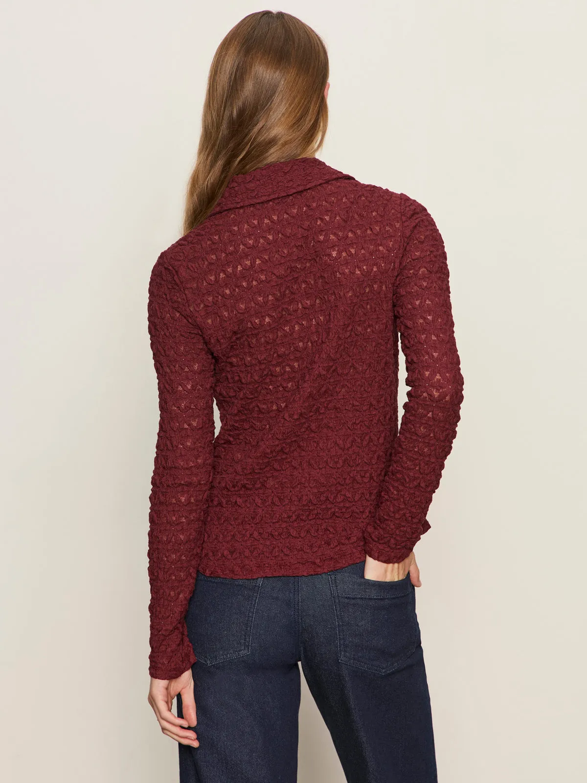 Dreamgirl Lace Button Up Top Night Berry RibbedHemline