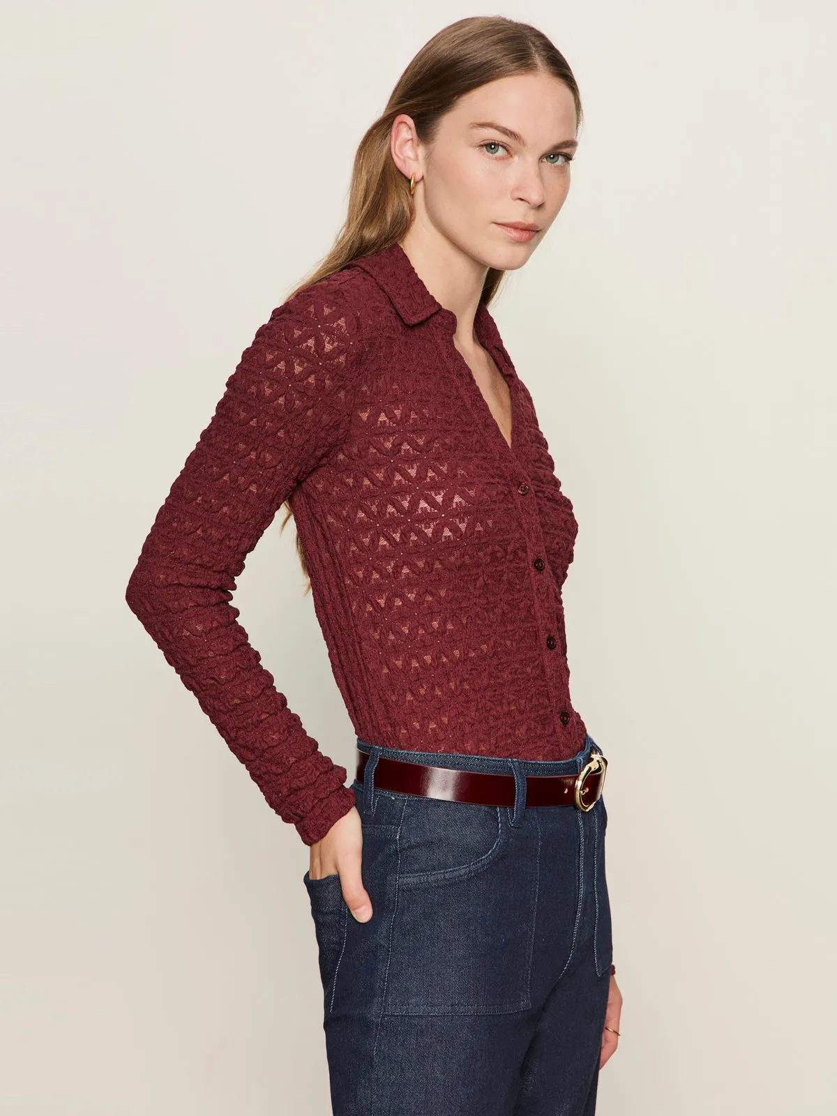 TaglessComfort Dreamgirl Lace Button Up Top Night Berry