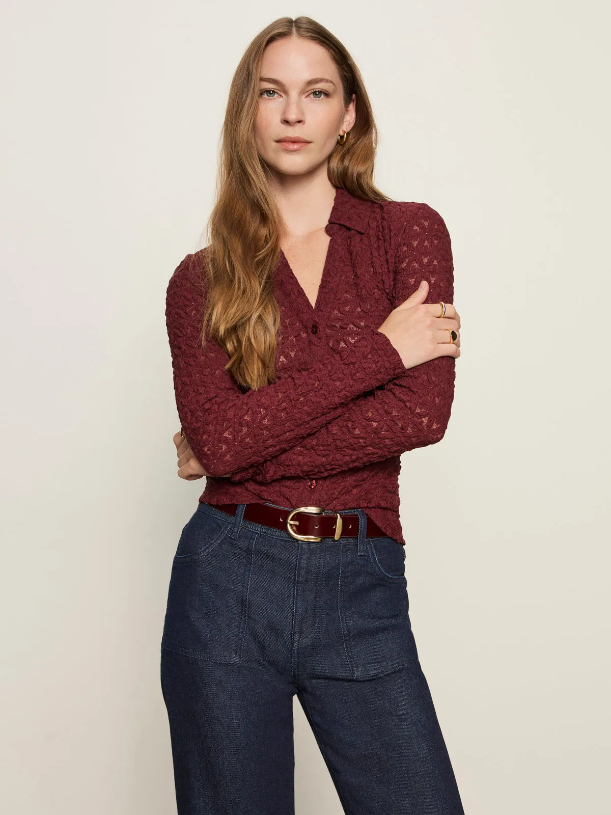 Dreamgirl Lace Button Up Top Night Berry Ribbed Collar Style