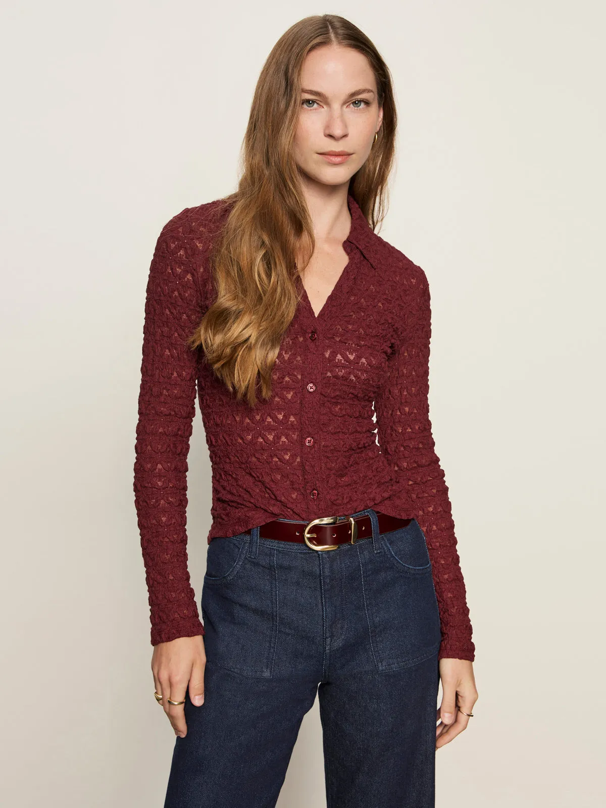 Layered Look Wear Trendy Fabric Dreamgirl Lace Button Up Top Night Berry