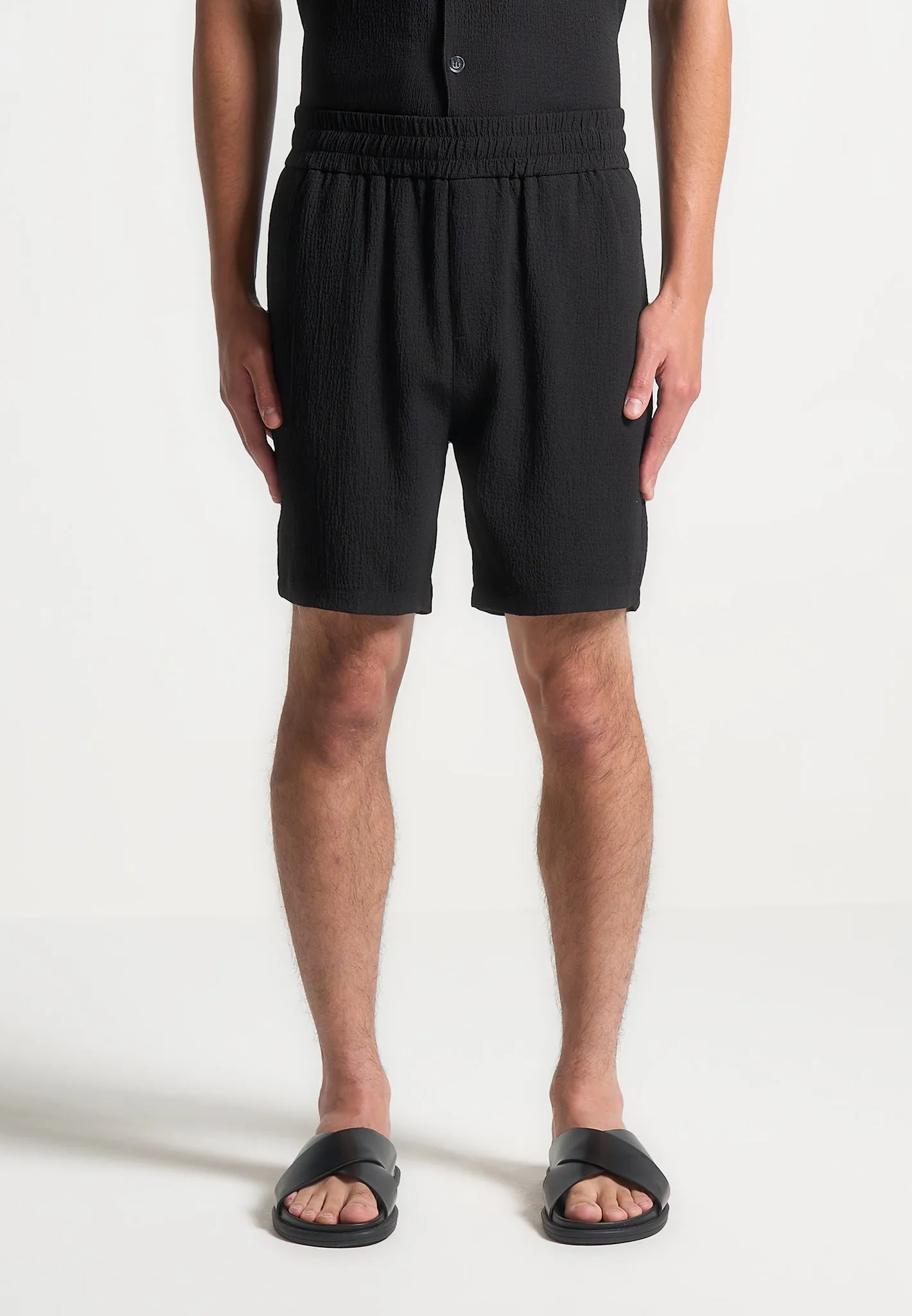 ribbed texture Seersucker Shorts - Black