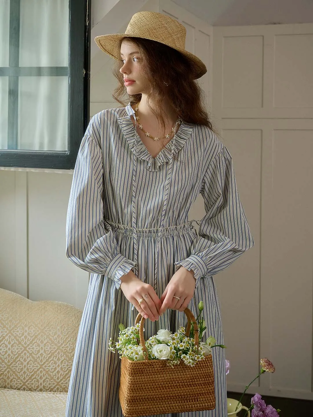 Rose Flush Layered Design Rhea Trimmed Lace-up V-neck Striped Trimmed Sleeves Dress