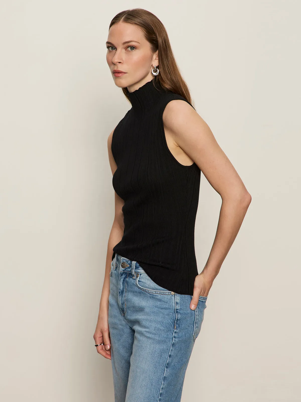 Ribbed Funnel Neck Top Black SoftTouch FlatlockSeams