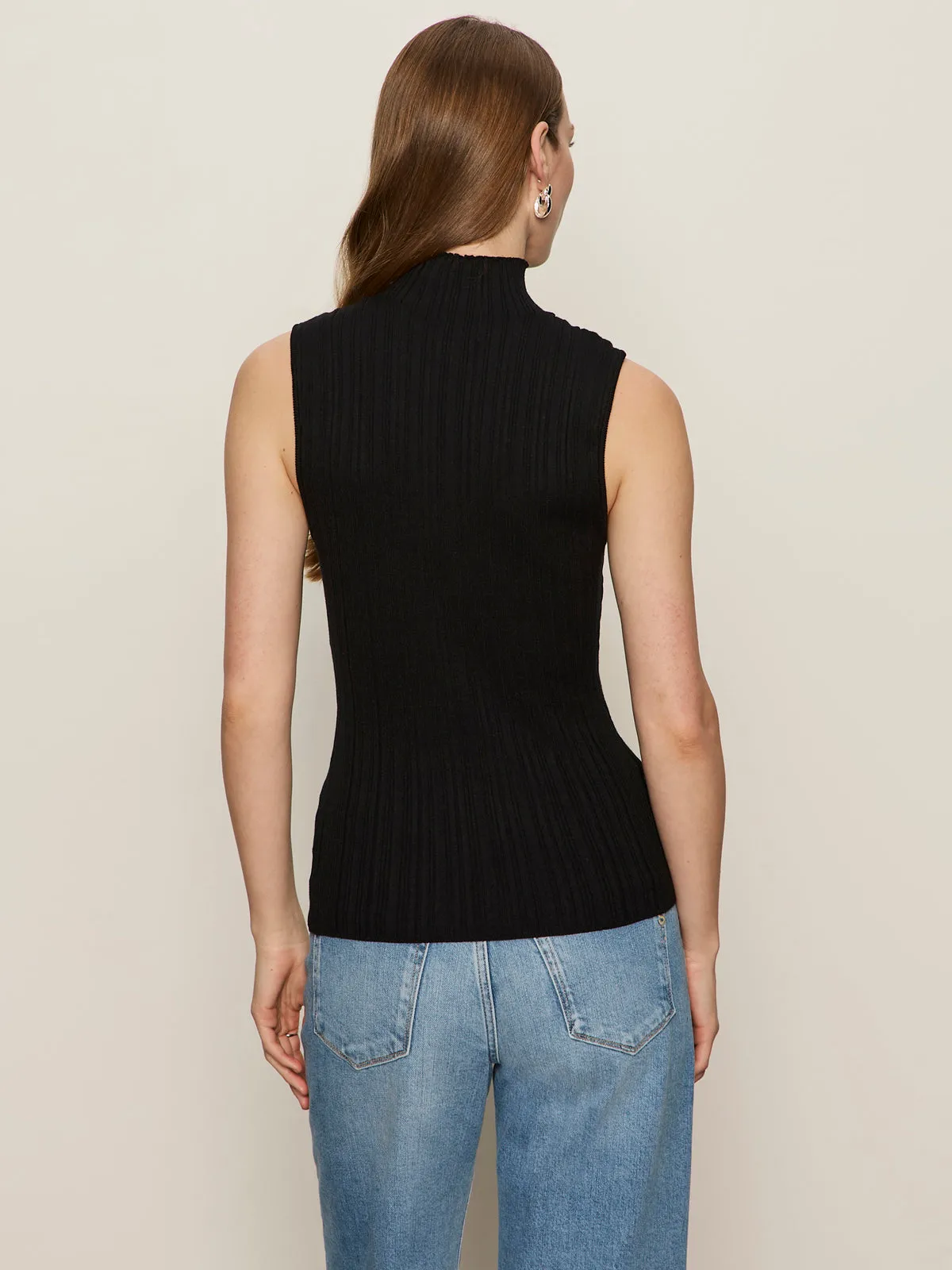 Ribbed Funnel Neck Top Black Simple Layer