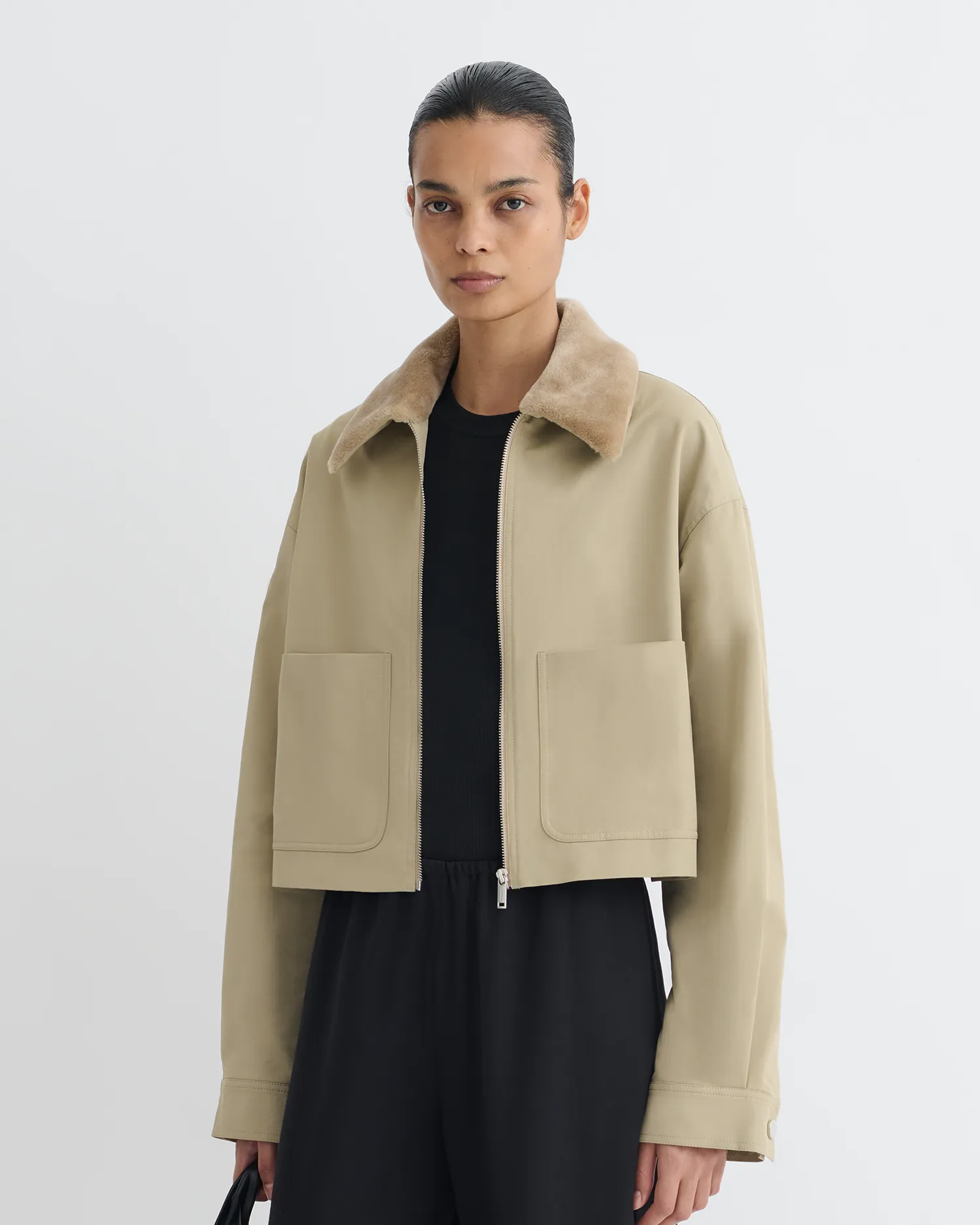 MeshLining Low Profile Zipper Phebe - Cropped Tech Twill and Faux Fur Jacket - Pebble/Beige