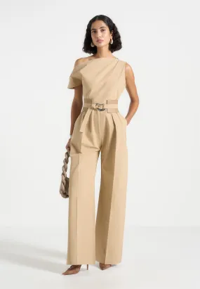 AntiPillingTreatment Valerie - Tailored Off Shoulder Jumpsuit with Belt - Beige