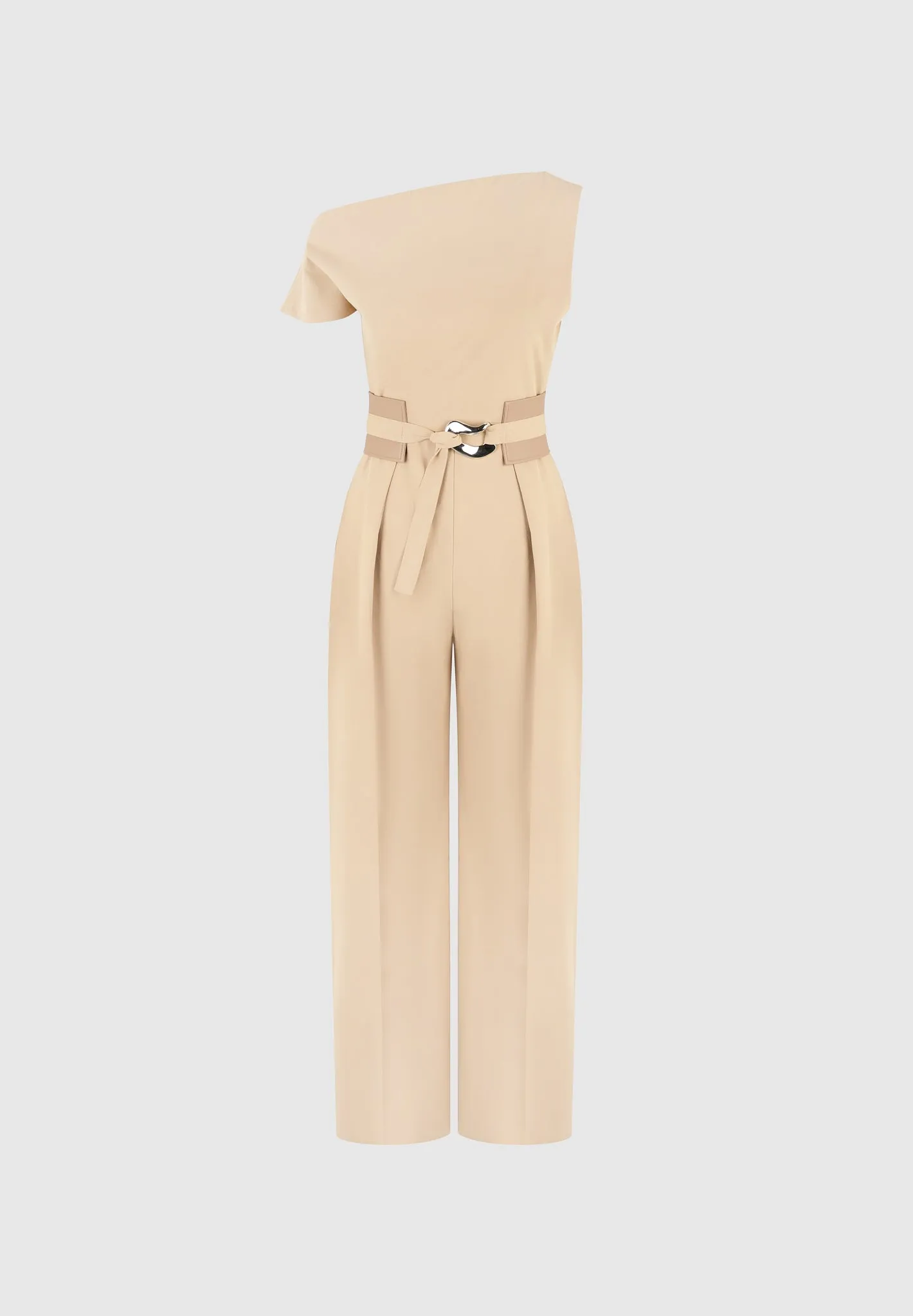Trendy Sweater BreathableMoistureBarrier Valerie - Tailored Off Shoulder Jumpsuit with Belt - Beige