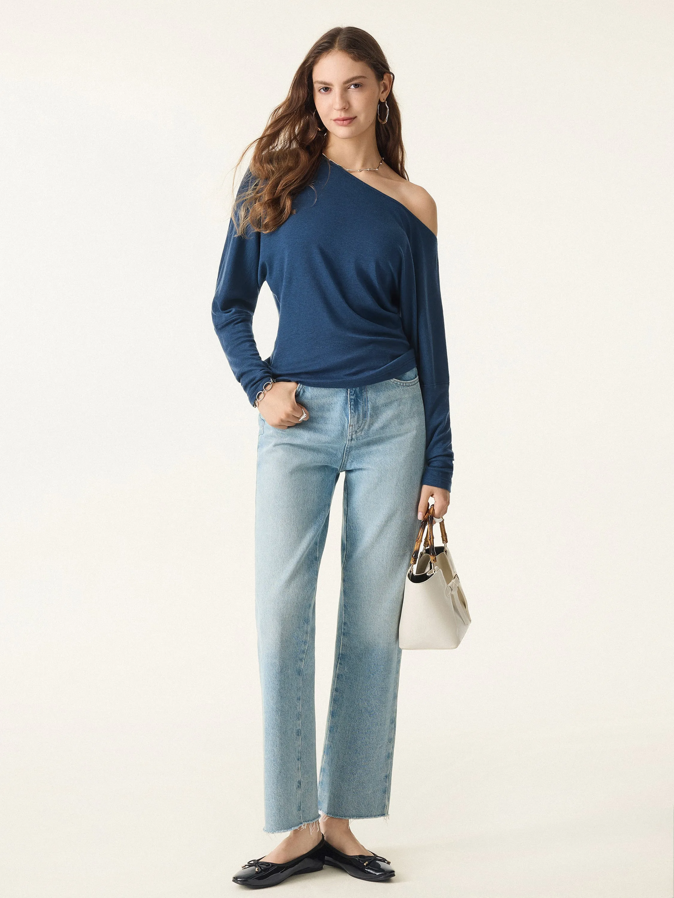 Raw Edge Detail Lyocell Cashmere Cold-Shoulder Semi-Sheer Top