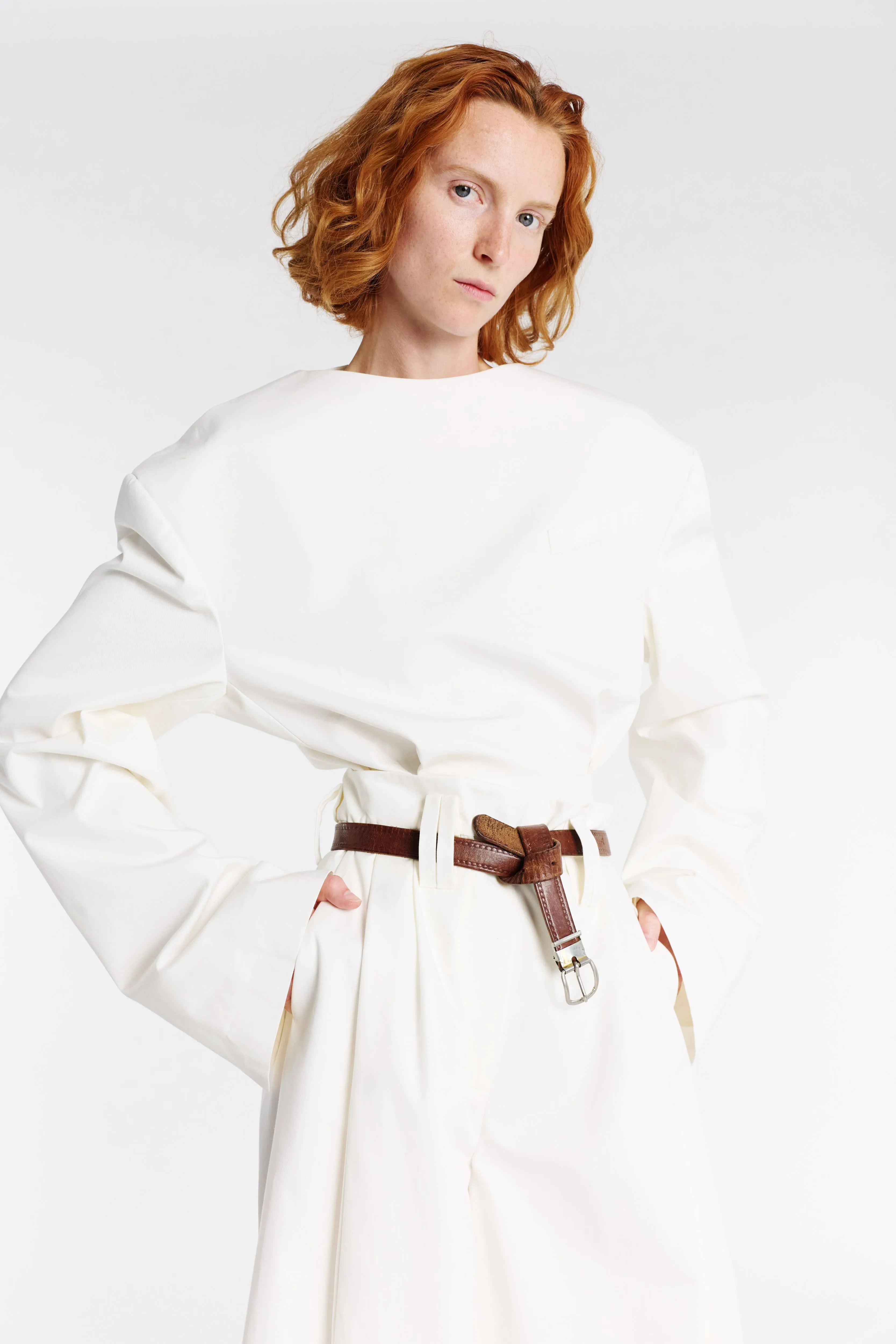 LatticeKnit Round Neck Tailored Top White