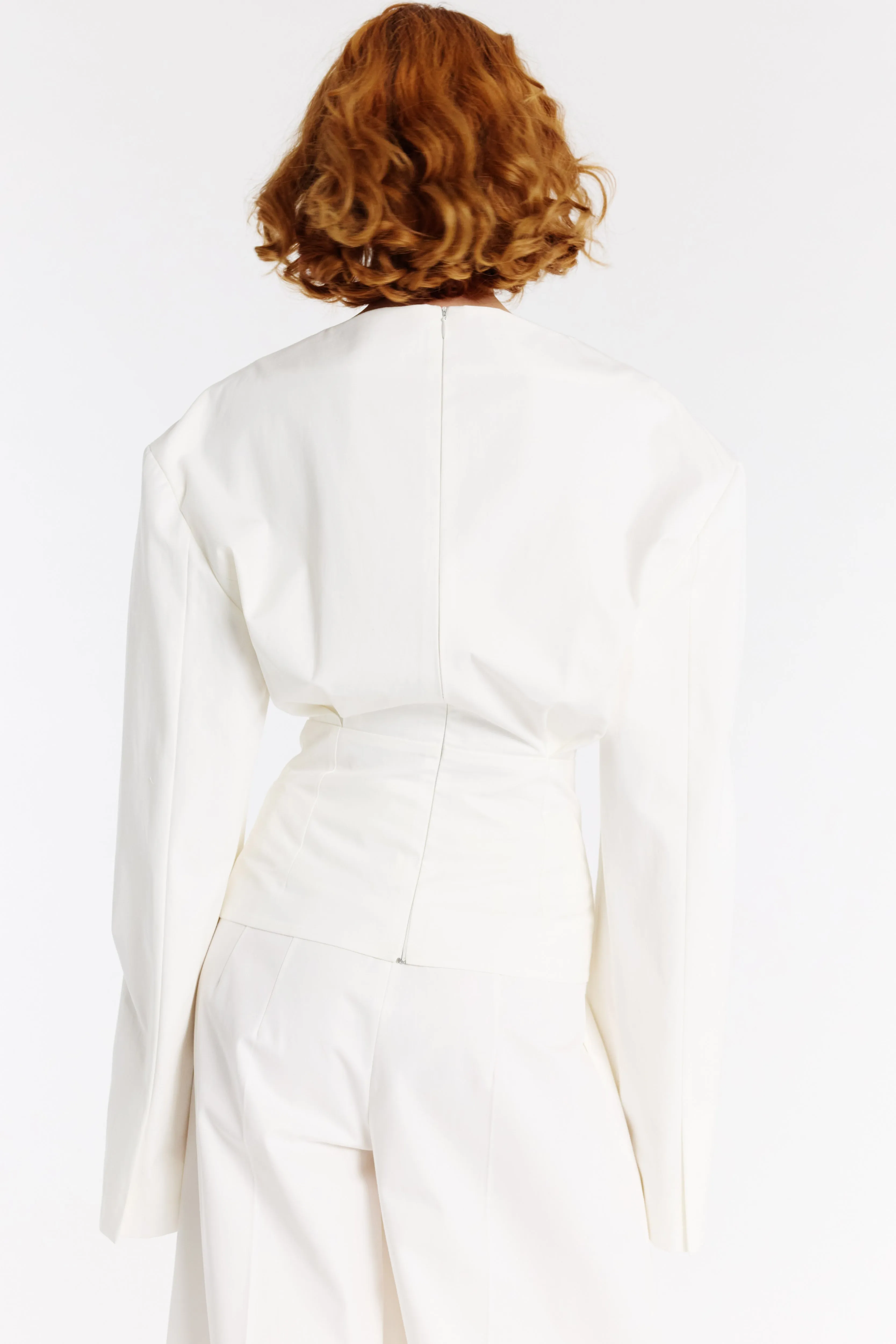 Round Neck Tailored Top White Printed Blouse Casual Long Sleeve