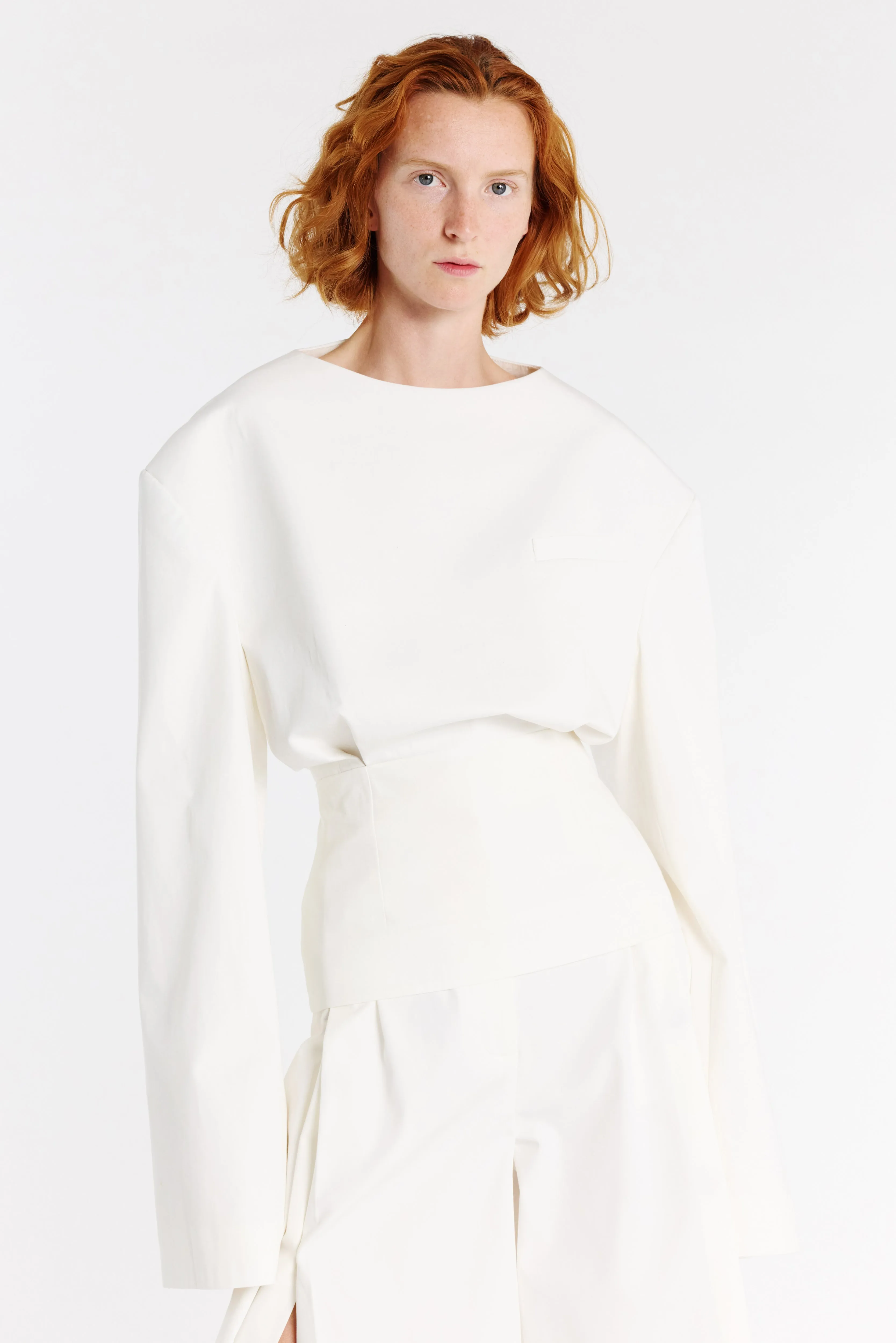 ReinforcedShoulders Wrinkle Free Texture Round Neck Tailored Top White