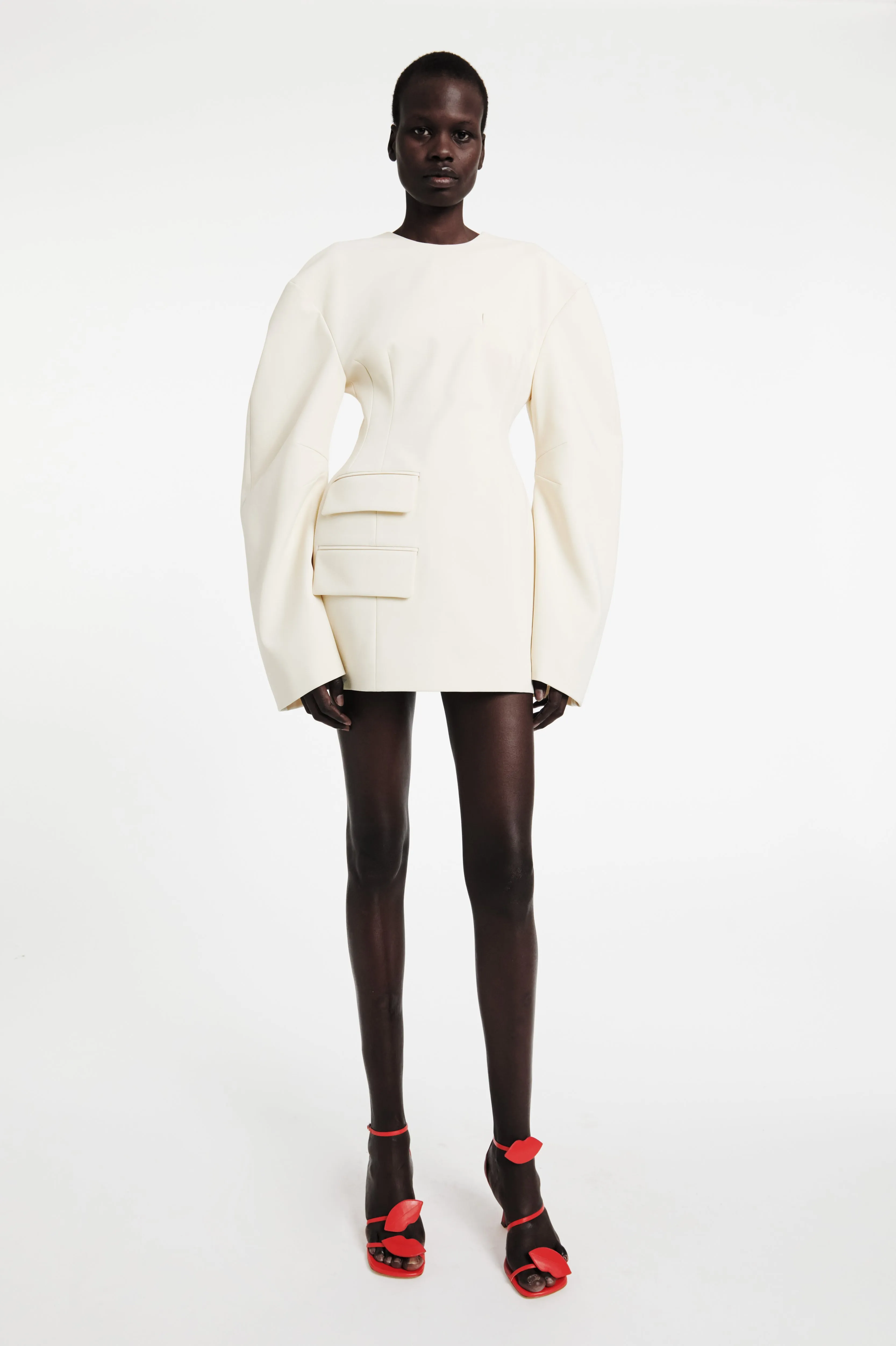 Vibrant Light Rounded Sleeve Tailored Mini Dress Ecru