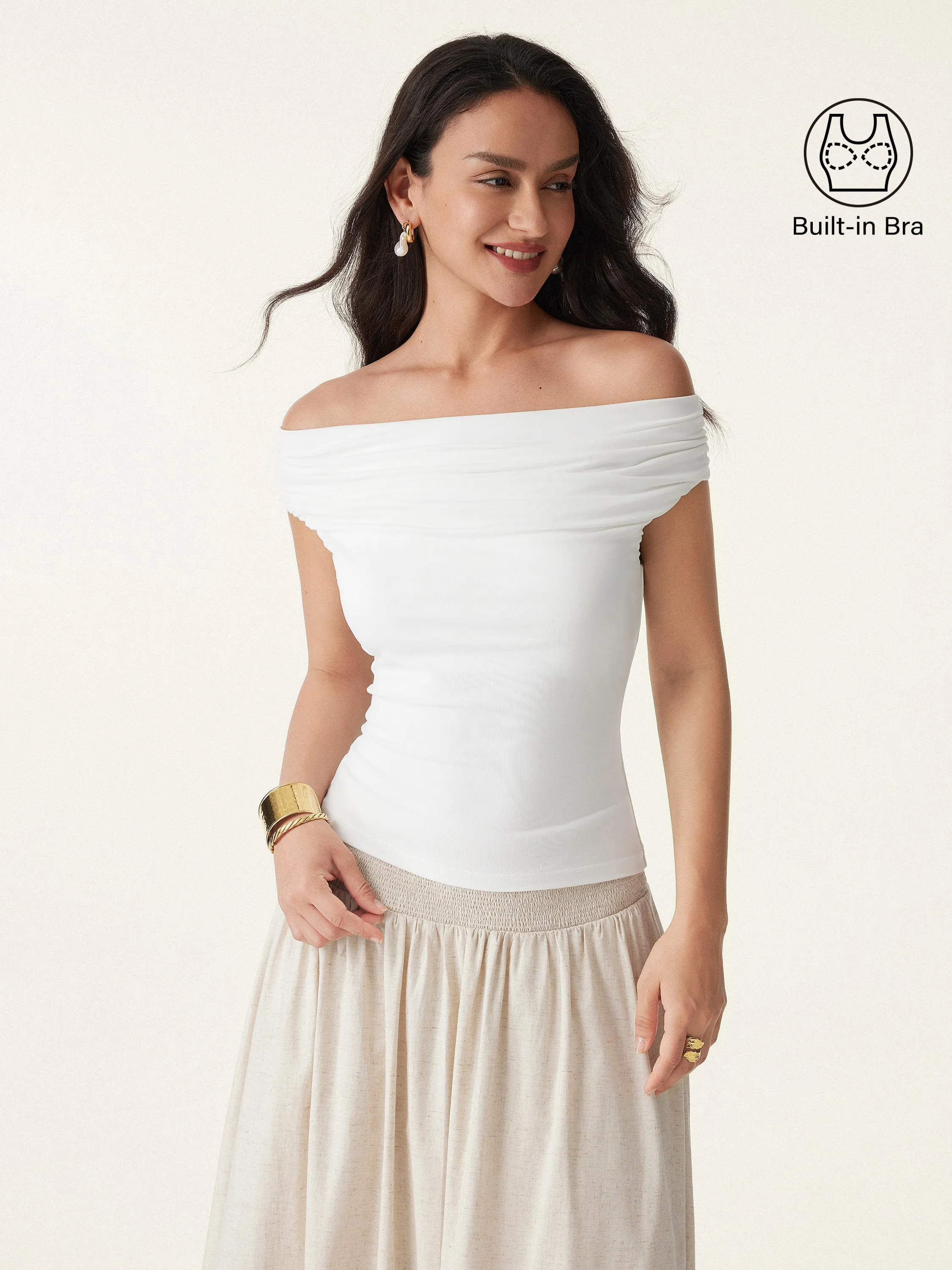 Ruched Off-shoulder New Airy Brami Top EasyClean Formal Shirt