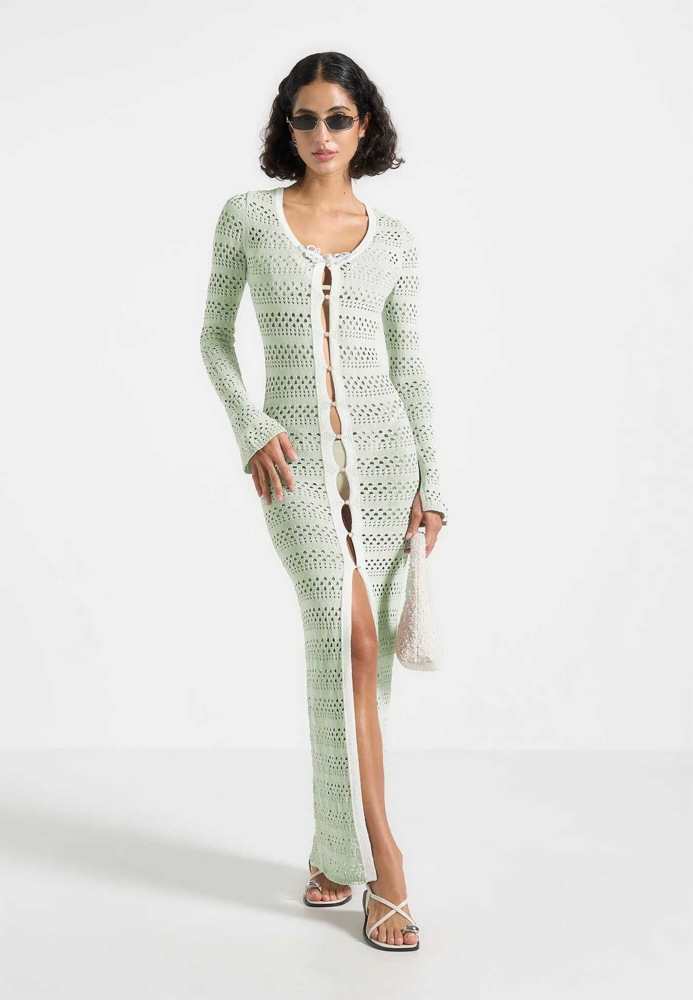 Aria - Pointelle Knit Cover Up - Sage/White compression support