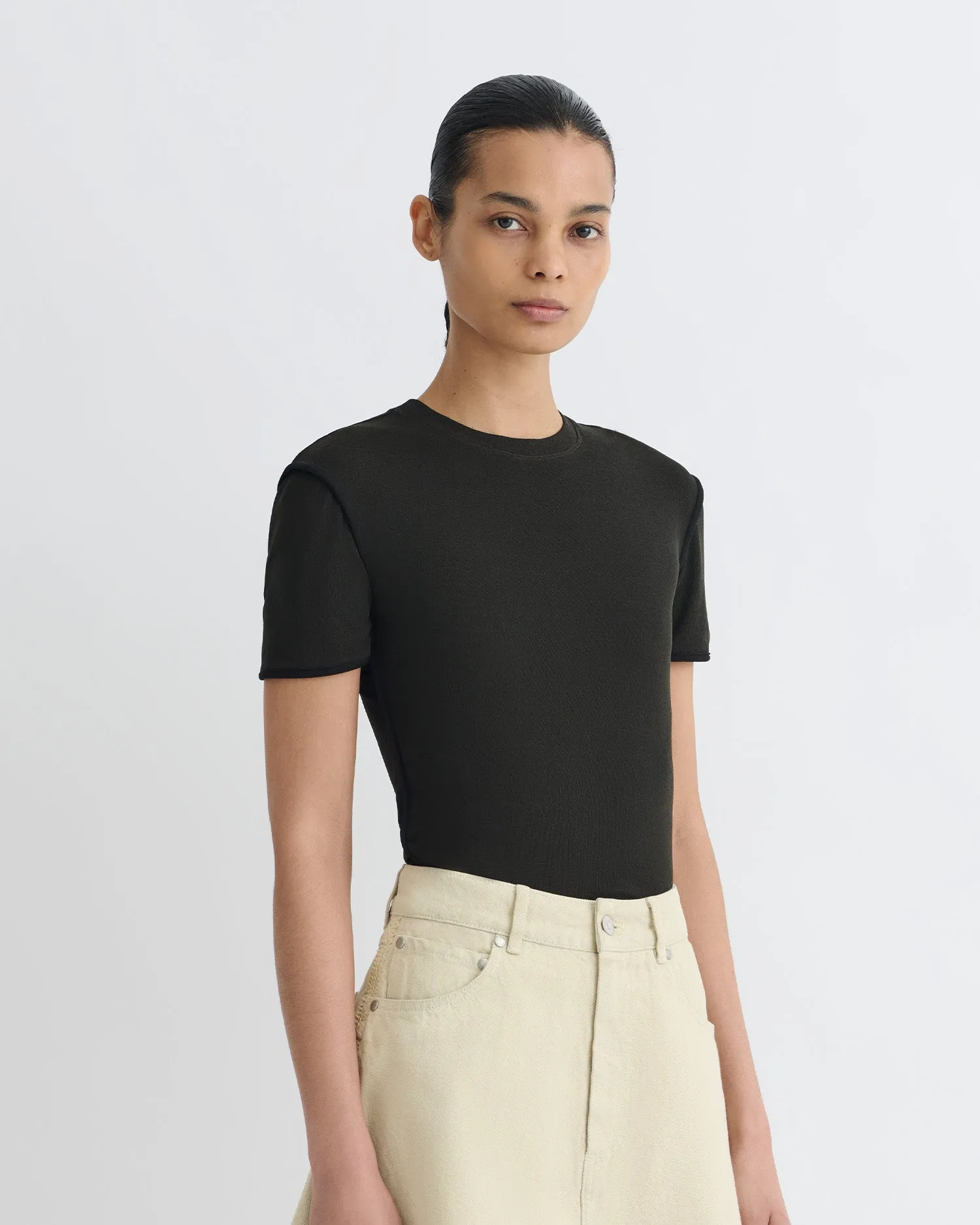 Summer Blouse Sabelle - Cropped Mesh Jersey T-Shirt - Antracite/Black