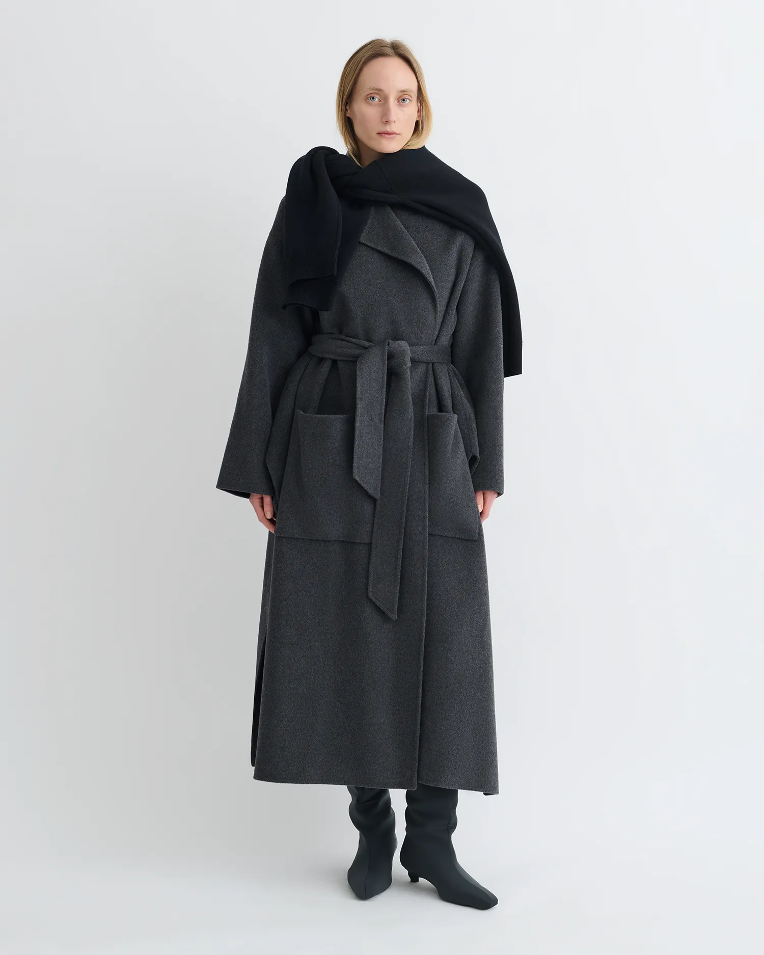 Salima - Double Wool Robe Coat - Grey Melange Textured-design