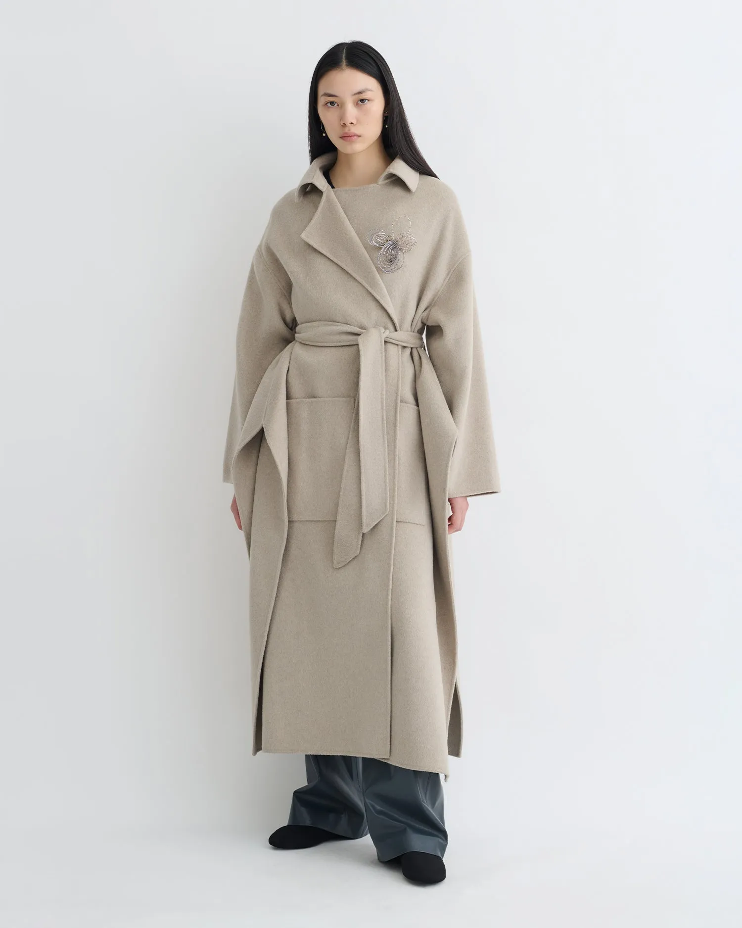 Casual Machine-washable-quality Salima - Double Wool Robe Coat - Stone