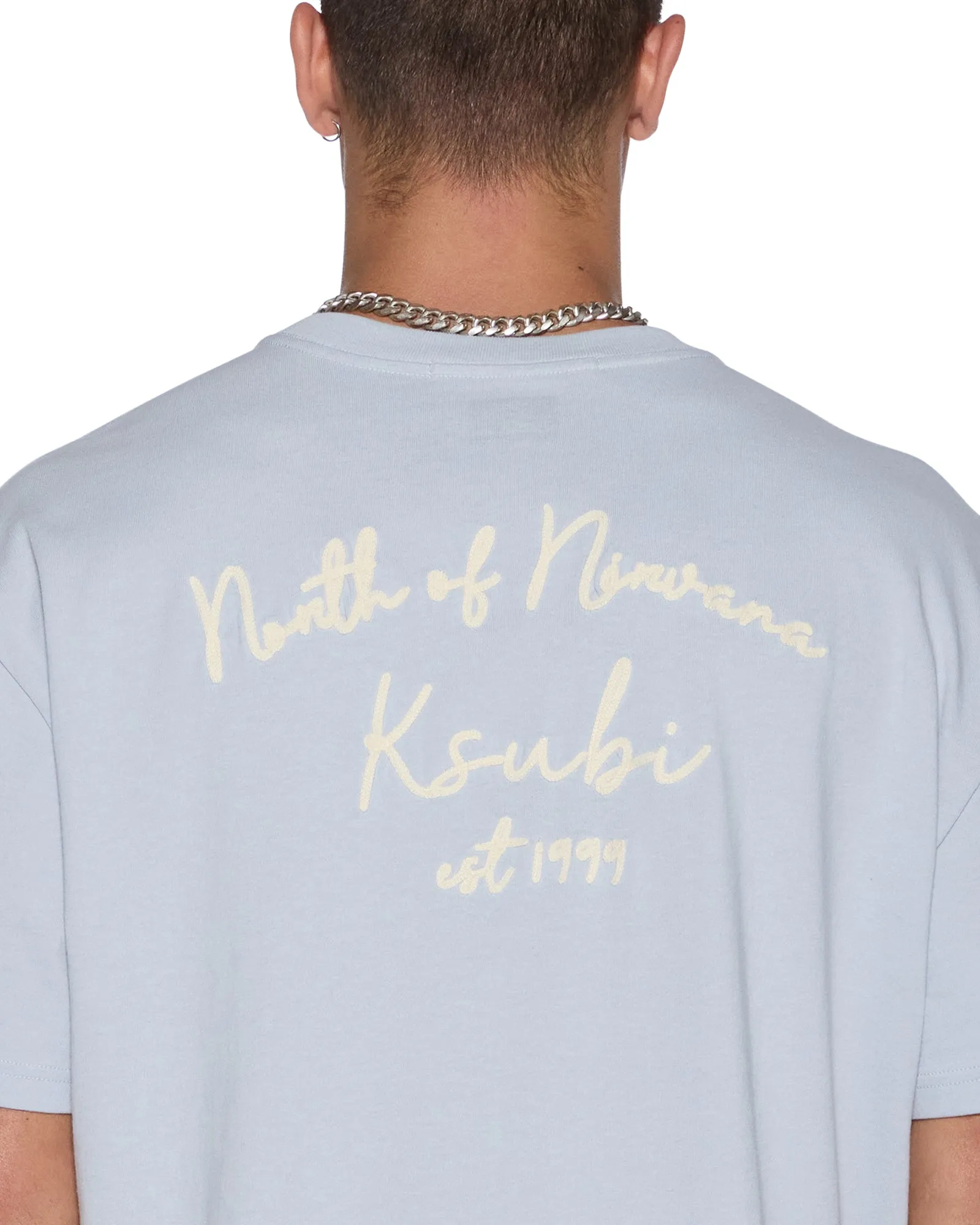 SALUD BIGGIE SS TEE BLUE MIST Layered Hem Detail BioBased Fibers