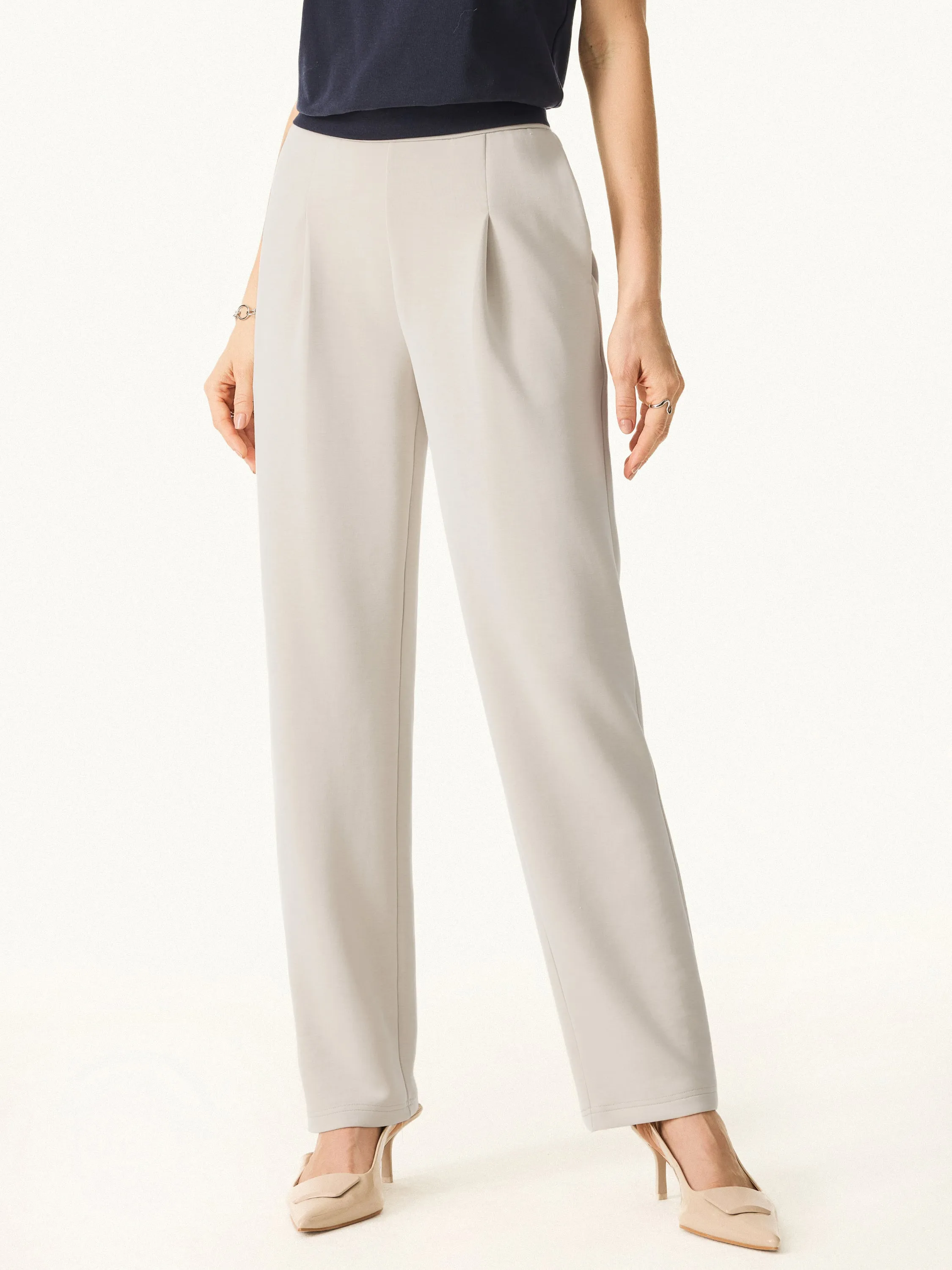 Sandwashed Spacer Mid Rise Straight Leg Pull-on Trousers with Pockets Dimensional Jacquard Weave UVProtection Layer