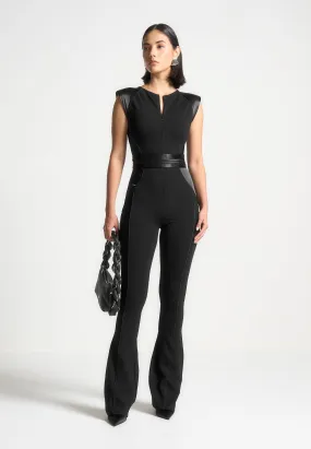 Satin Contour Flared Jumpsuit - Black Mesh Panel Details ribbed texture